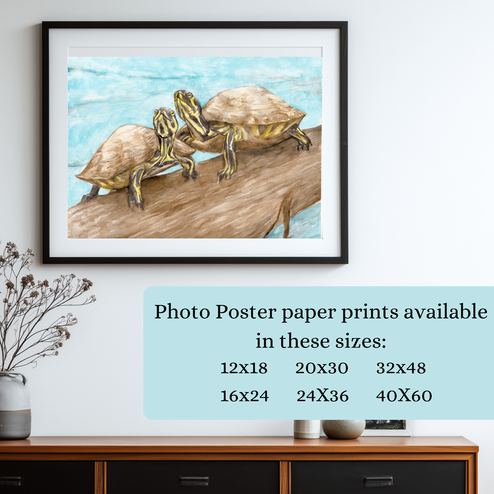Example of Watercolor Turtles photo poster print, which is available in these sizes (inches): 12X18, 16X24, 20X30, 24X36, 32X48, and 40X60