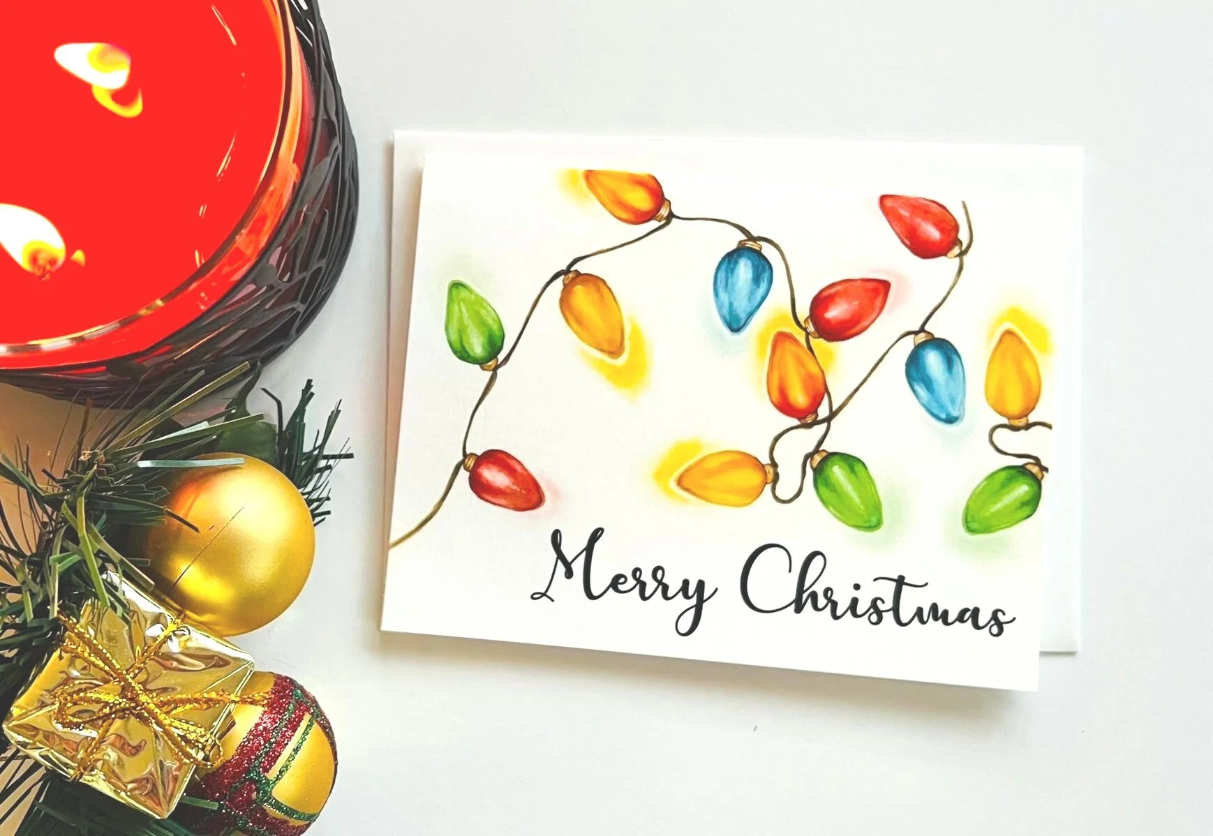 Watercolor String of Christmas Lights Christmas Card