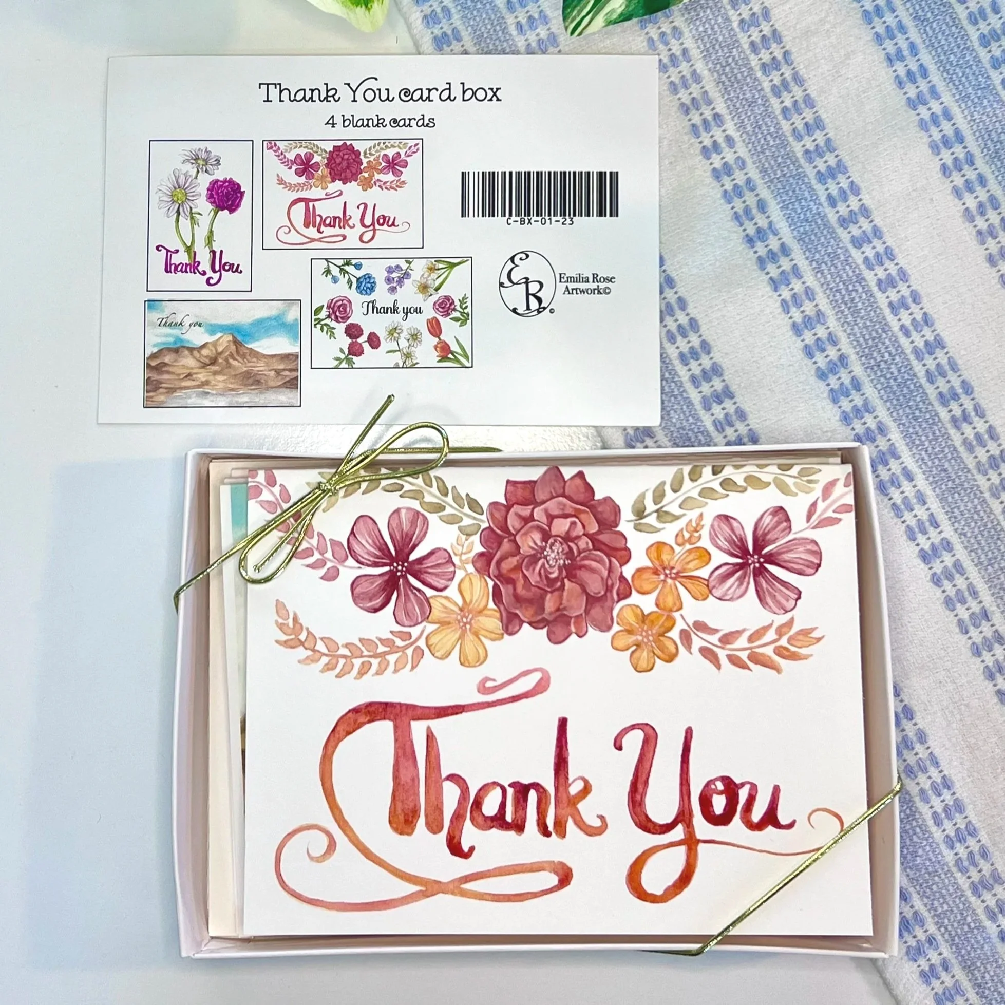 Watercolor Thank You card box - includes red floral card, purple wildflower card, summer flower card, and mountain card
