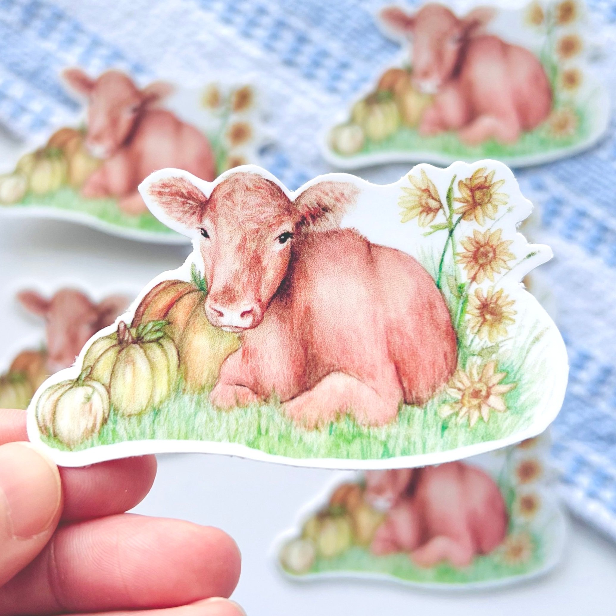 Watercolor brown Cow calf sticker close up