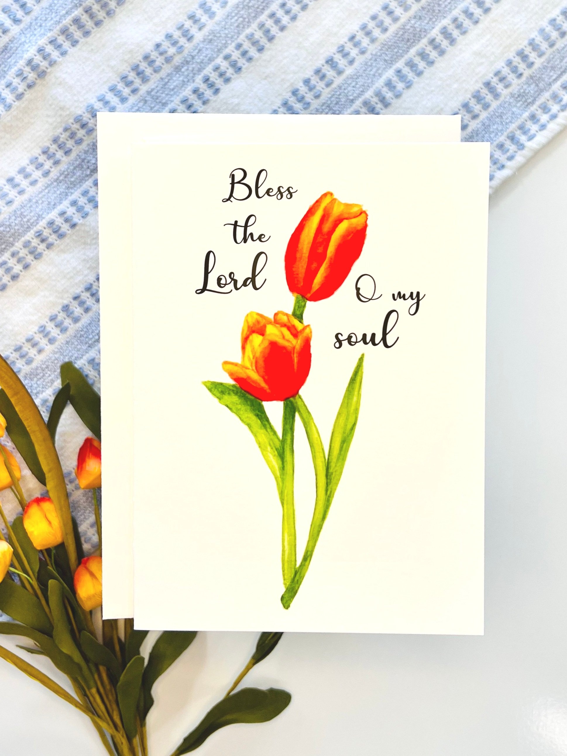 Watercolor red tulip with Bible quote card