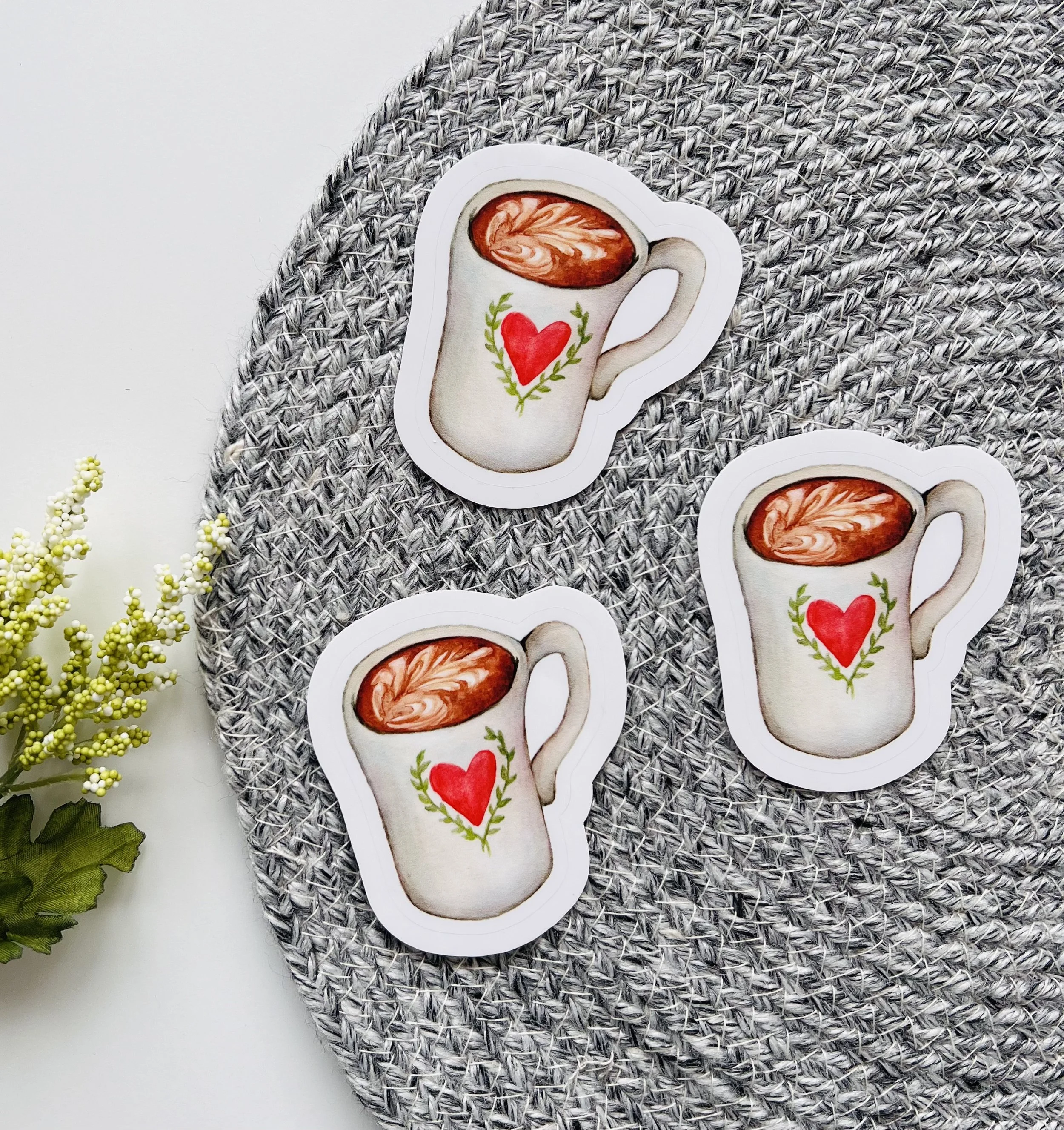 Multiple watercolor Latte in a heart mug stickers
