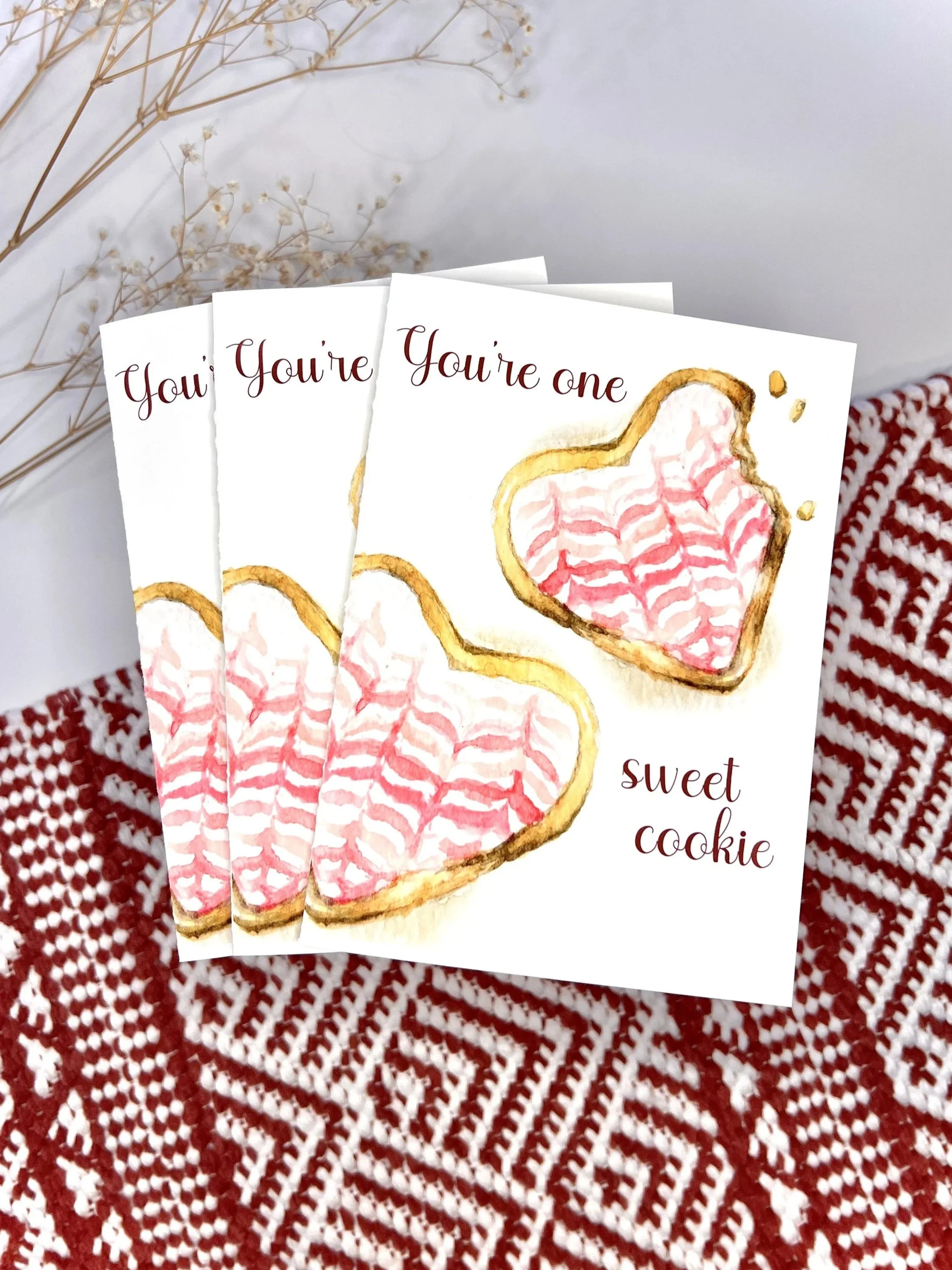 Multiple watercolor Valentine Cookie cards with delicious, frosted cookies and the words, "You're one sweet cookie"