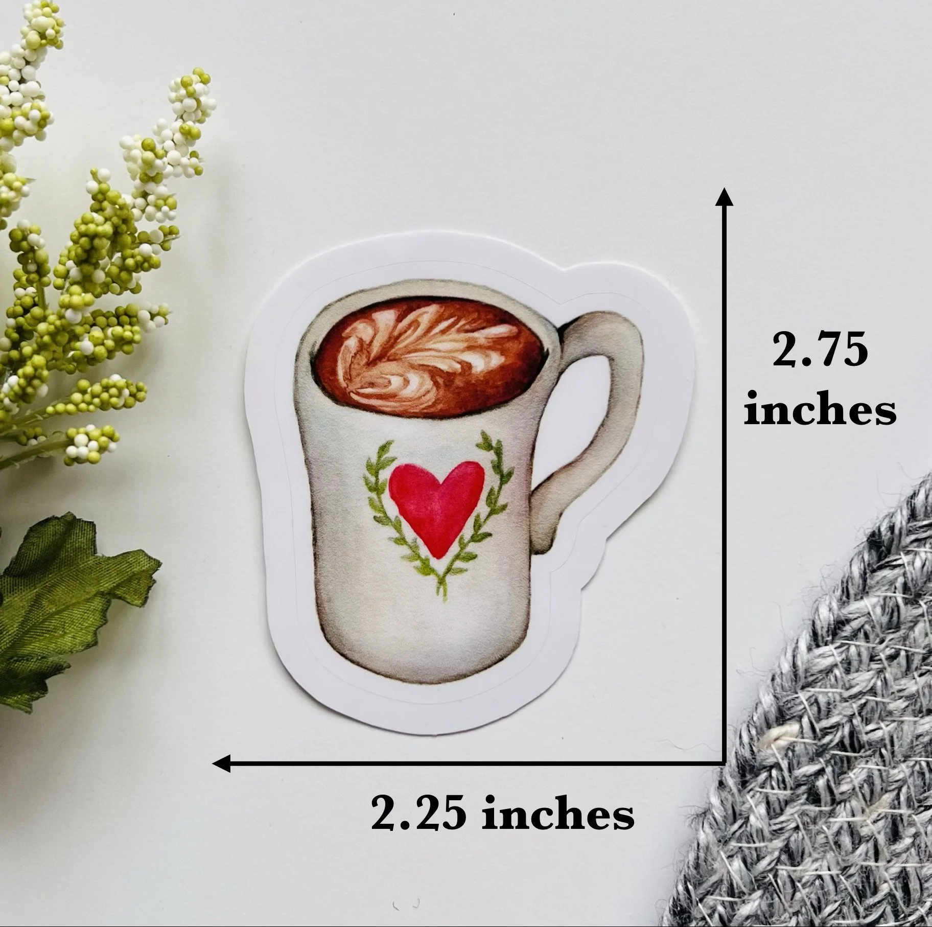 Watercolor Latte in a heart mug sticker - measures 2.75 inches X 2.25 inches in size