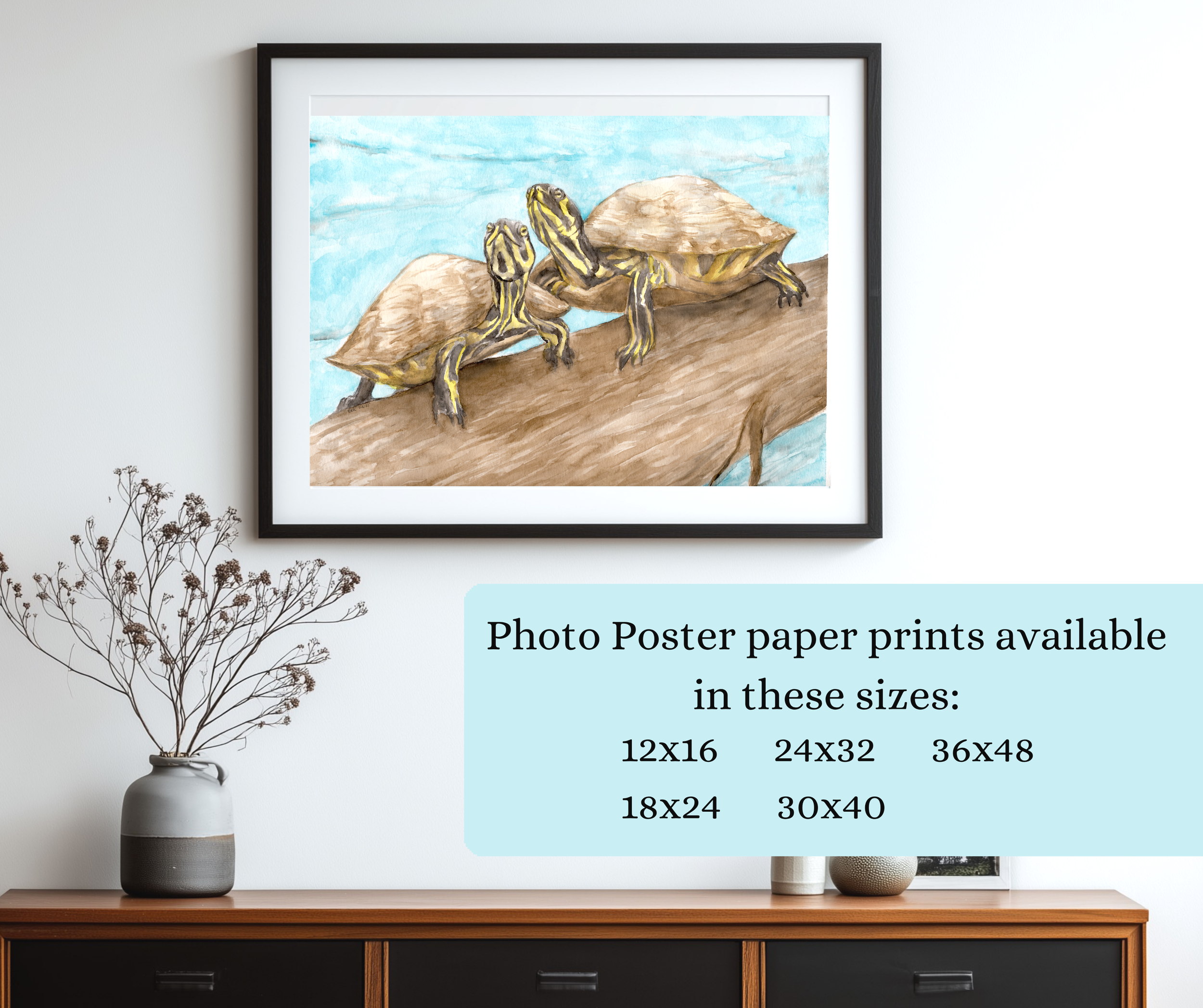 Watercolor turtles photo poster prints are available in these larger sizes (in inches): 12X16, 18X24, 24X32, 30X40, 36X48