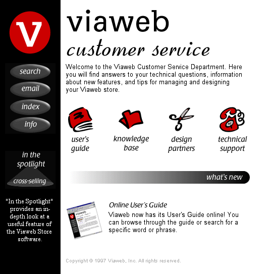 Viaweb Customer Service website screenshot from June 1997