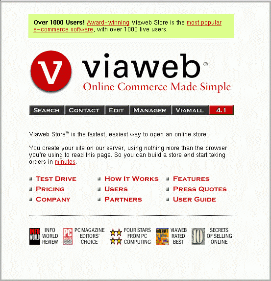 Viaweb website home page screenshot from June 1998