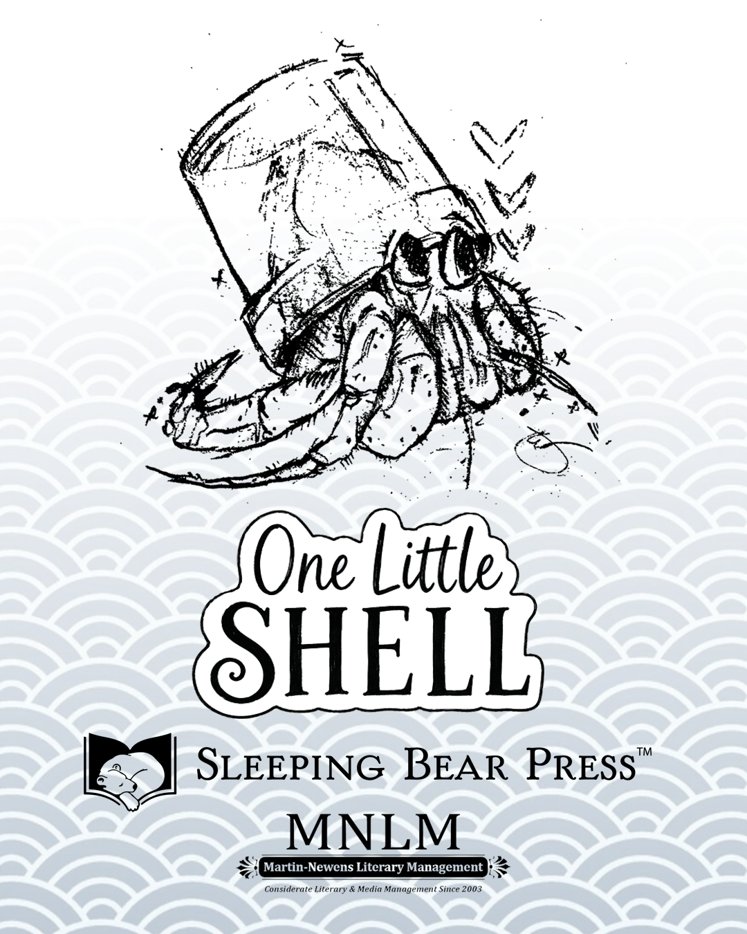 A hand-drawn illustration of a hermit crab living in a plastic cap