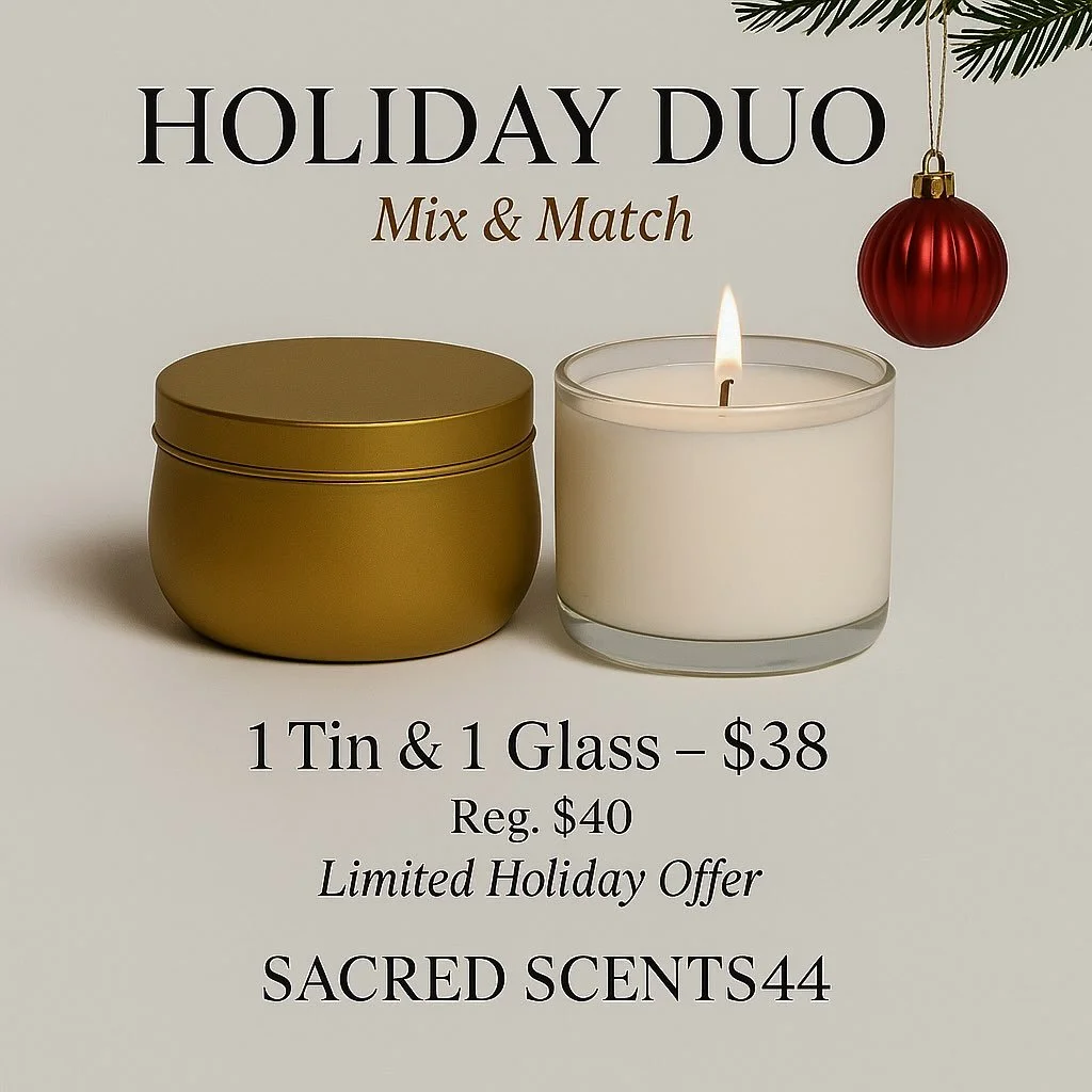 ✨ Holiday Duo &ndash; Mix &amp; Match ✨
Create your perfect holiday ambiance with the flexibility you love.

🕯️ 1 Tin + 1 Glass Candle
💰 $38 (Reg. $40)
🎄 Limited Holiday Offer

#sacredscents44
#holidayshopping