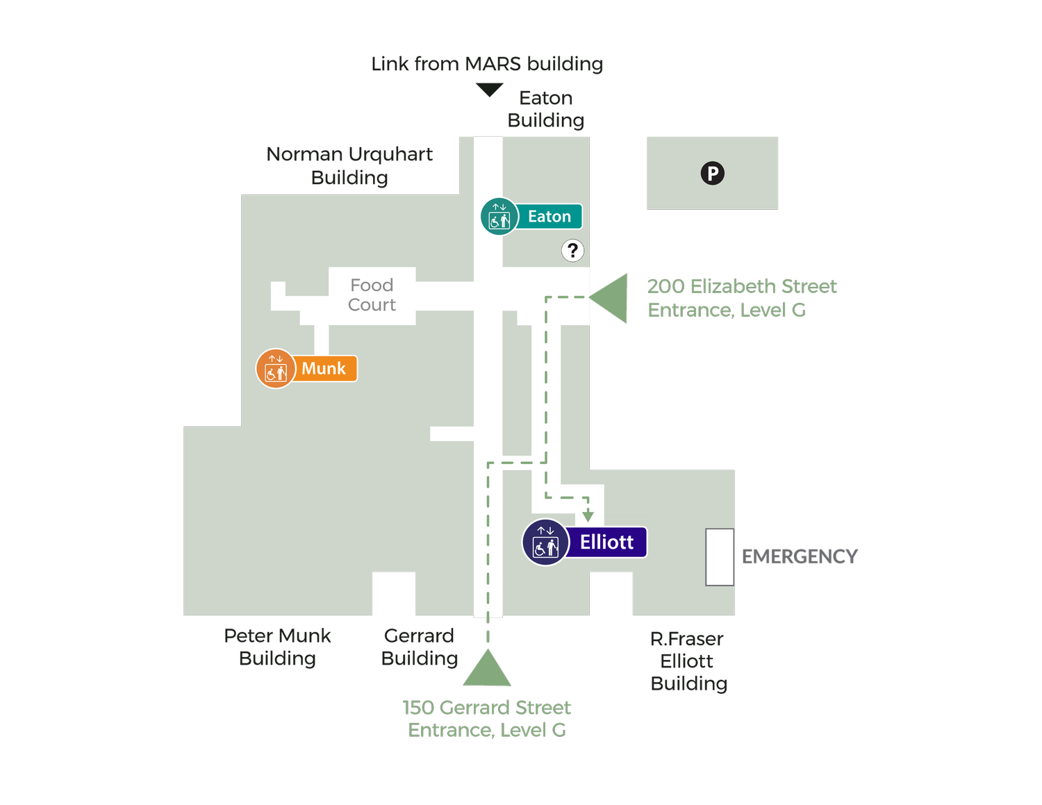 Level G Map: Toronto General Hospital floor plan with the Elliott elevators and building entrances marked.