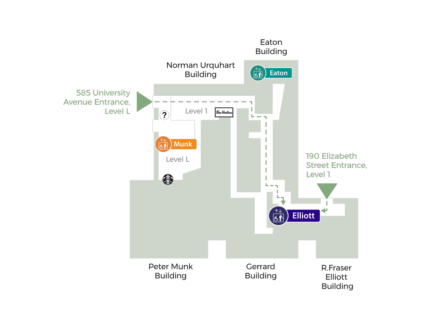 Level 1 Map: Toronto General Hospital floor plan with the Elliott elevators and building entrances marked.