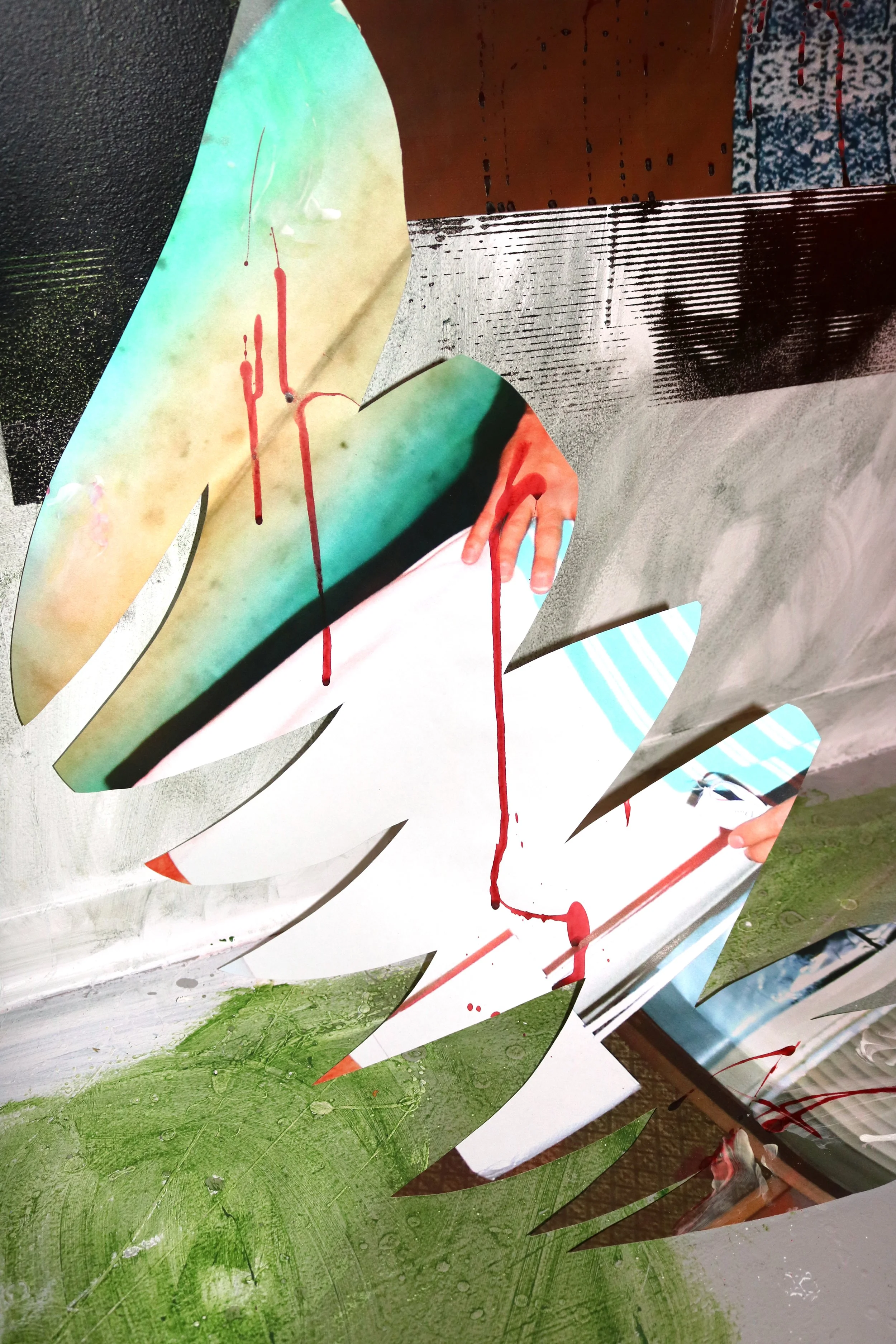 Halloween Is Gay Christmas (2017) (detail), Face paint, enamel and Vampire Blood™ on collage.