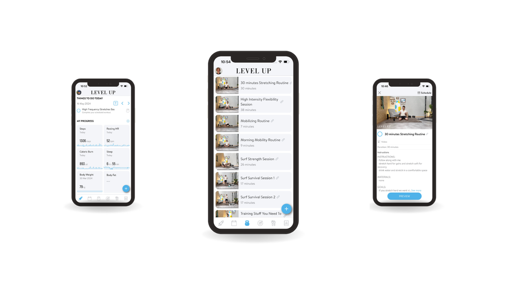 Three screens of the Level Up training app