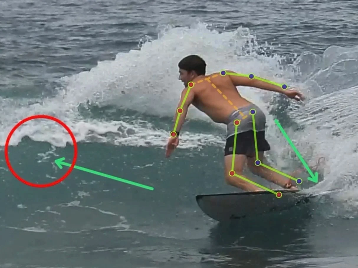 A shirtless man surfing on a wave, with colored lines for surf video analysis.