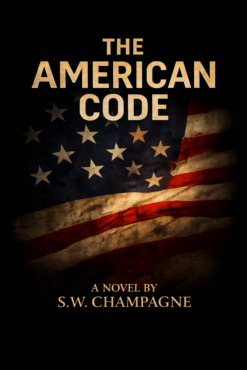 Book cover titled 'The American Code' with an American flag background and subtitle 'A Novel by S.W. Champagne'.