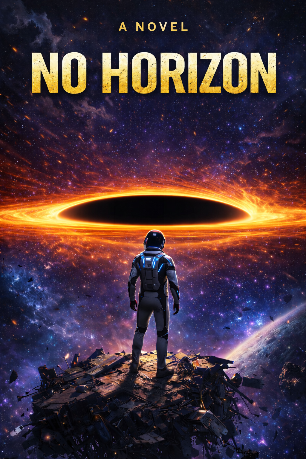 A man in a spacesuit stands on debris on a planet's surface, observing a black hole with a glowing orange accretion disk in space, surrounded by stars and cosmic clouds.