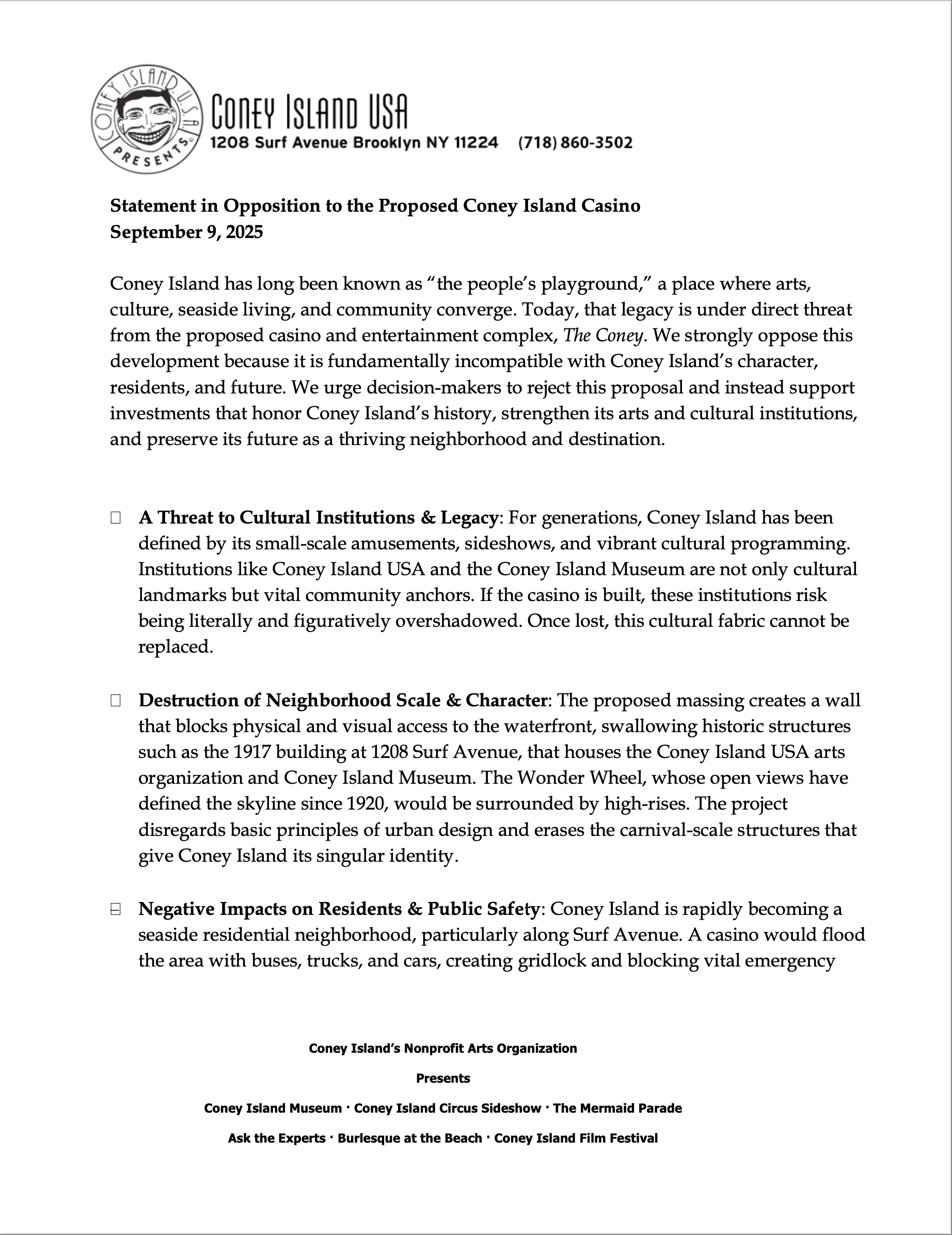 Statement to the Community Advisory Committee in Opposition to the Proposed Coney Island Casino