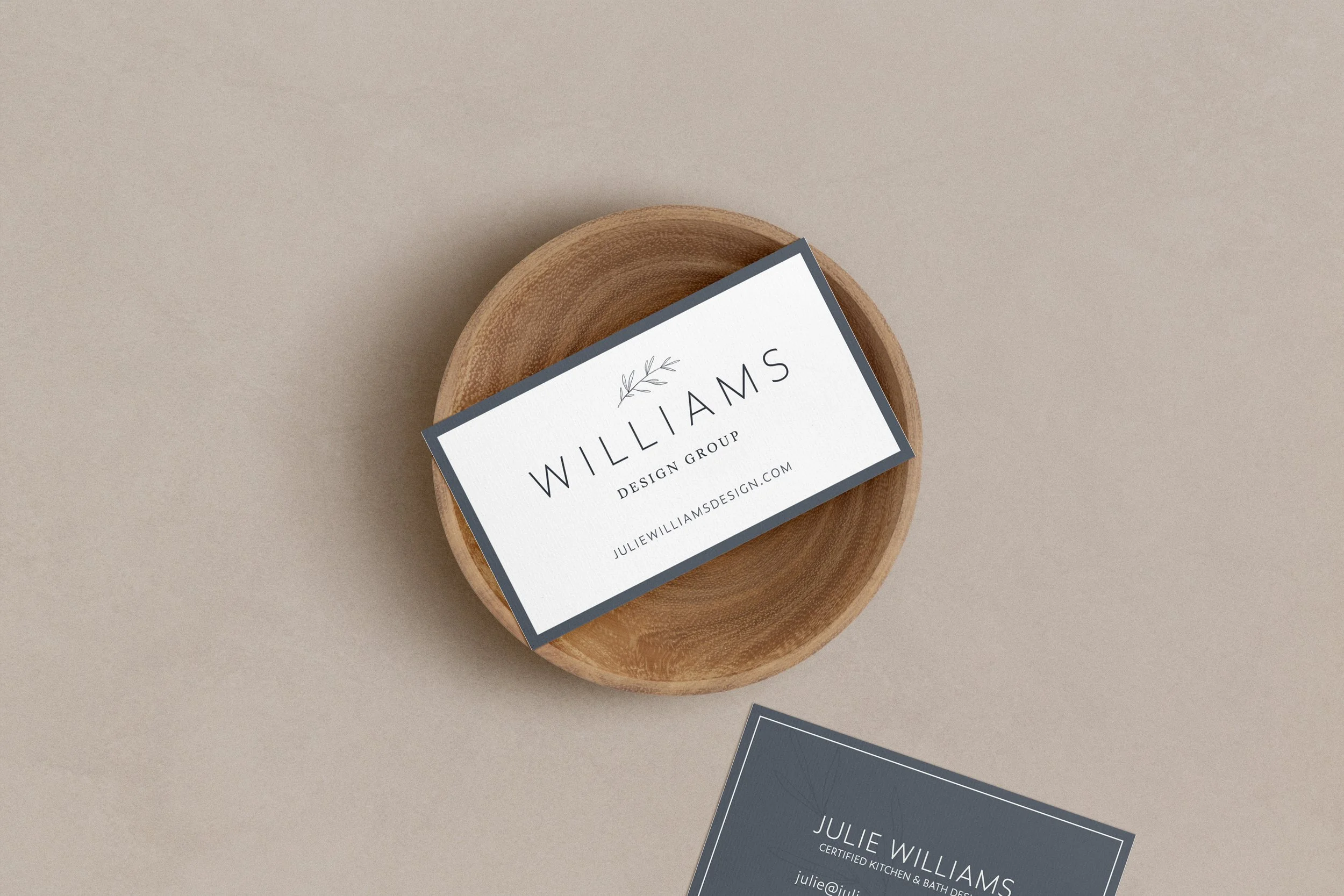 Julie Williams business cards in a wooden bowl