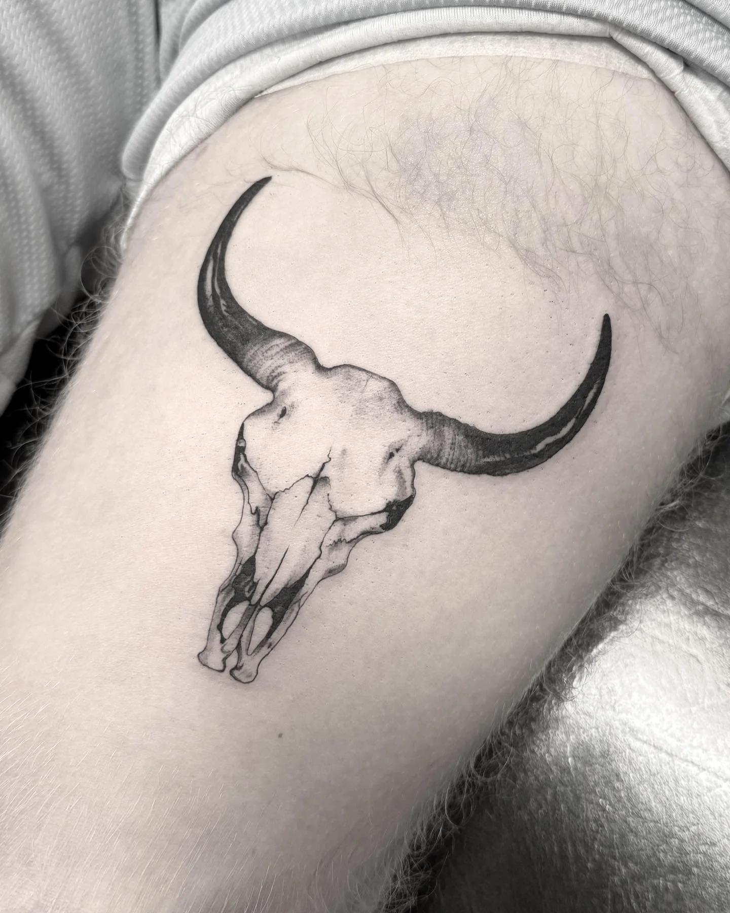 Fineline black and grey buffalo skull tattoo