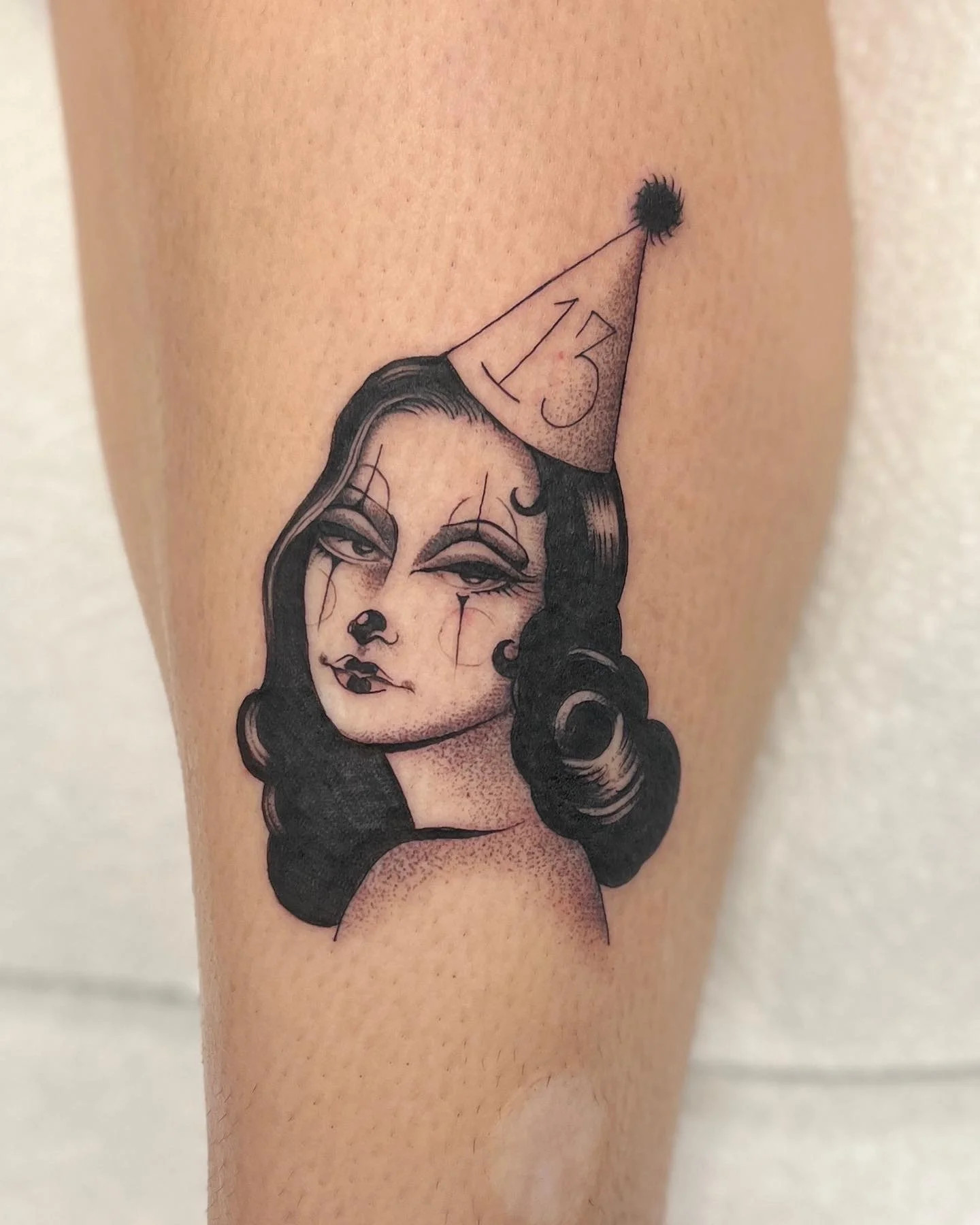 Sad girl clown fineline black and grey tattoo