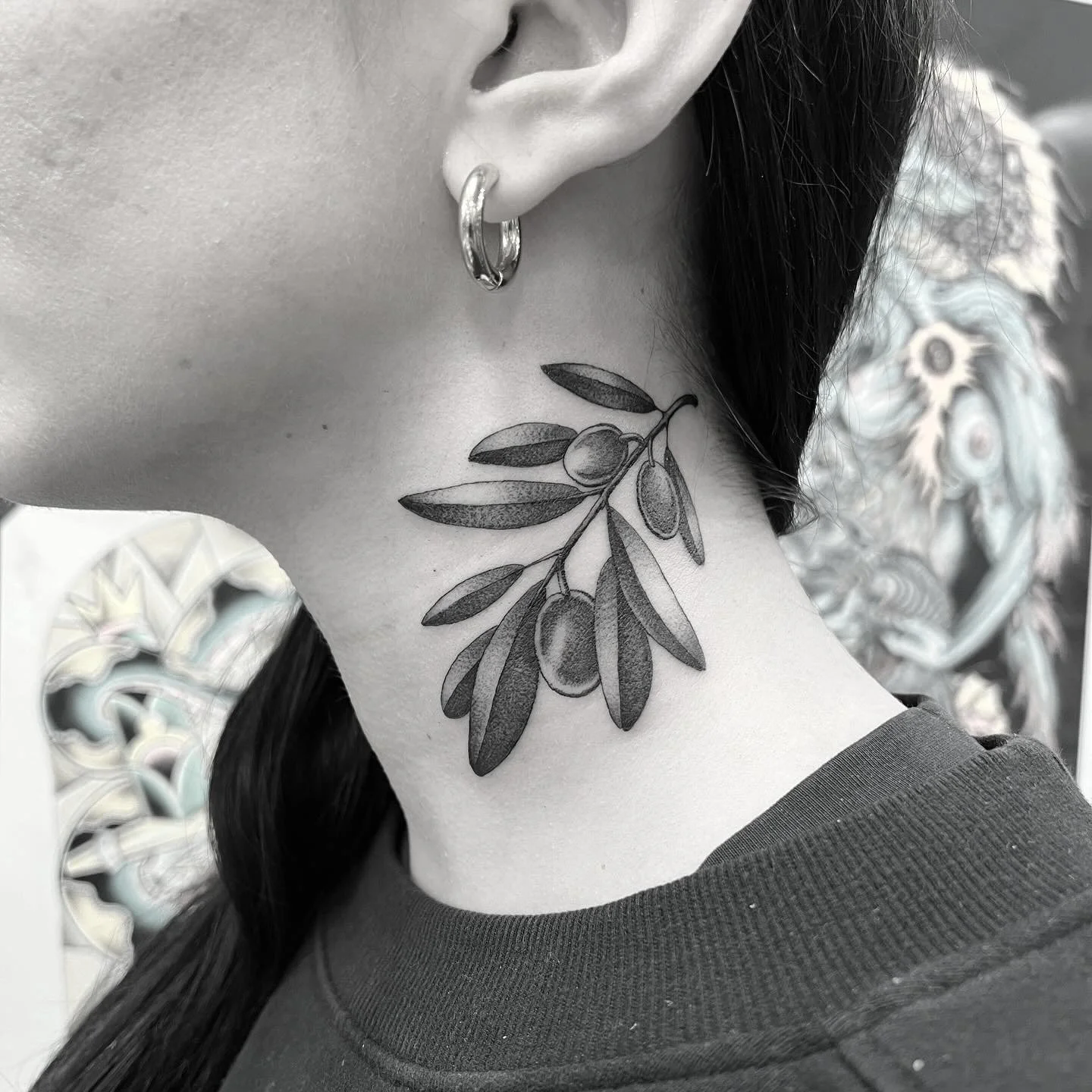 Fineline black and grey olive branch tattoo