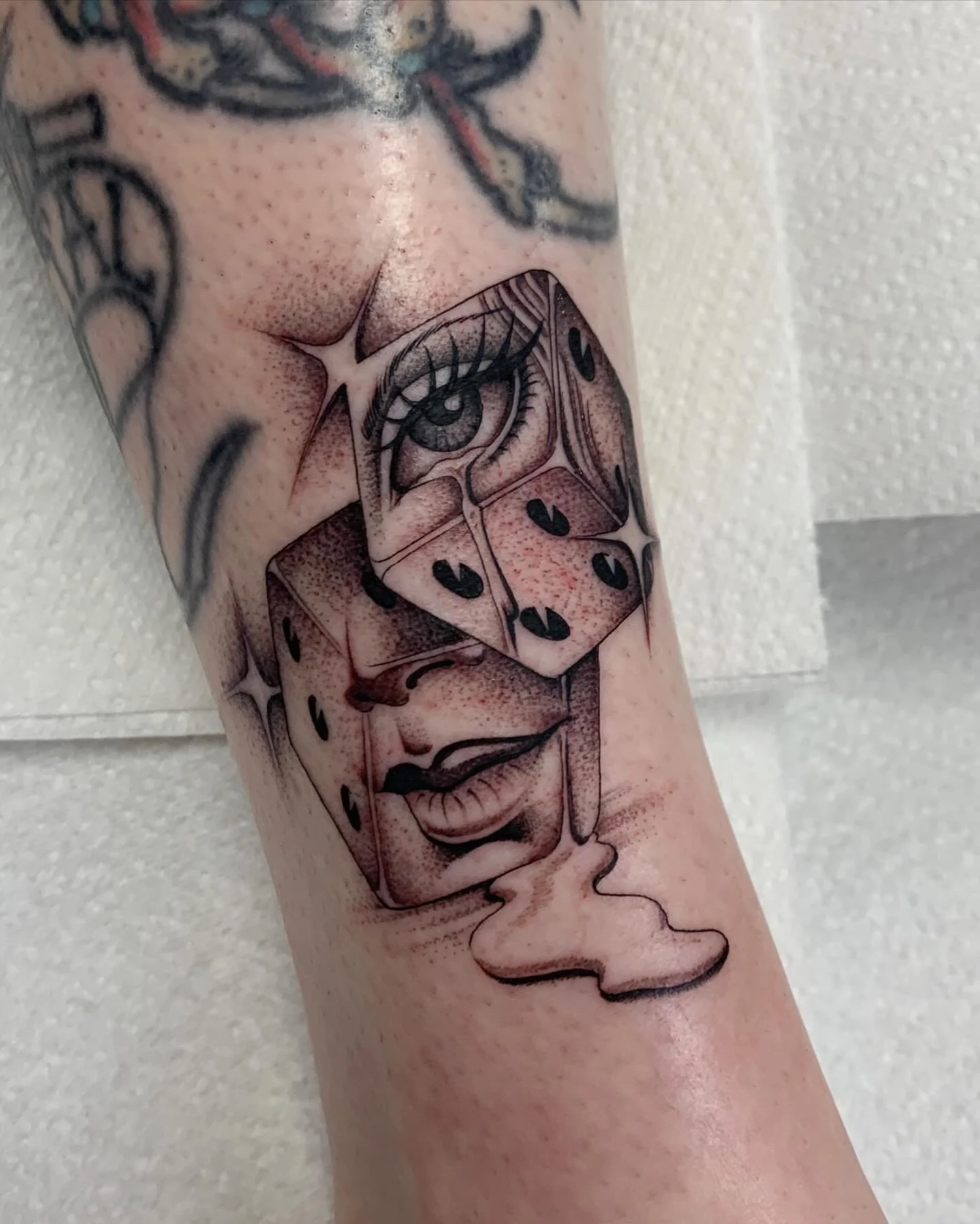 Dice and eye tattoo fineline black and grey 