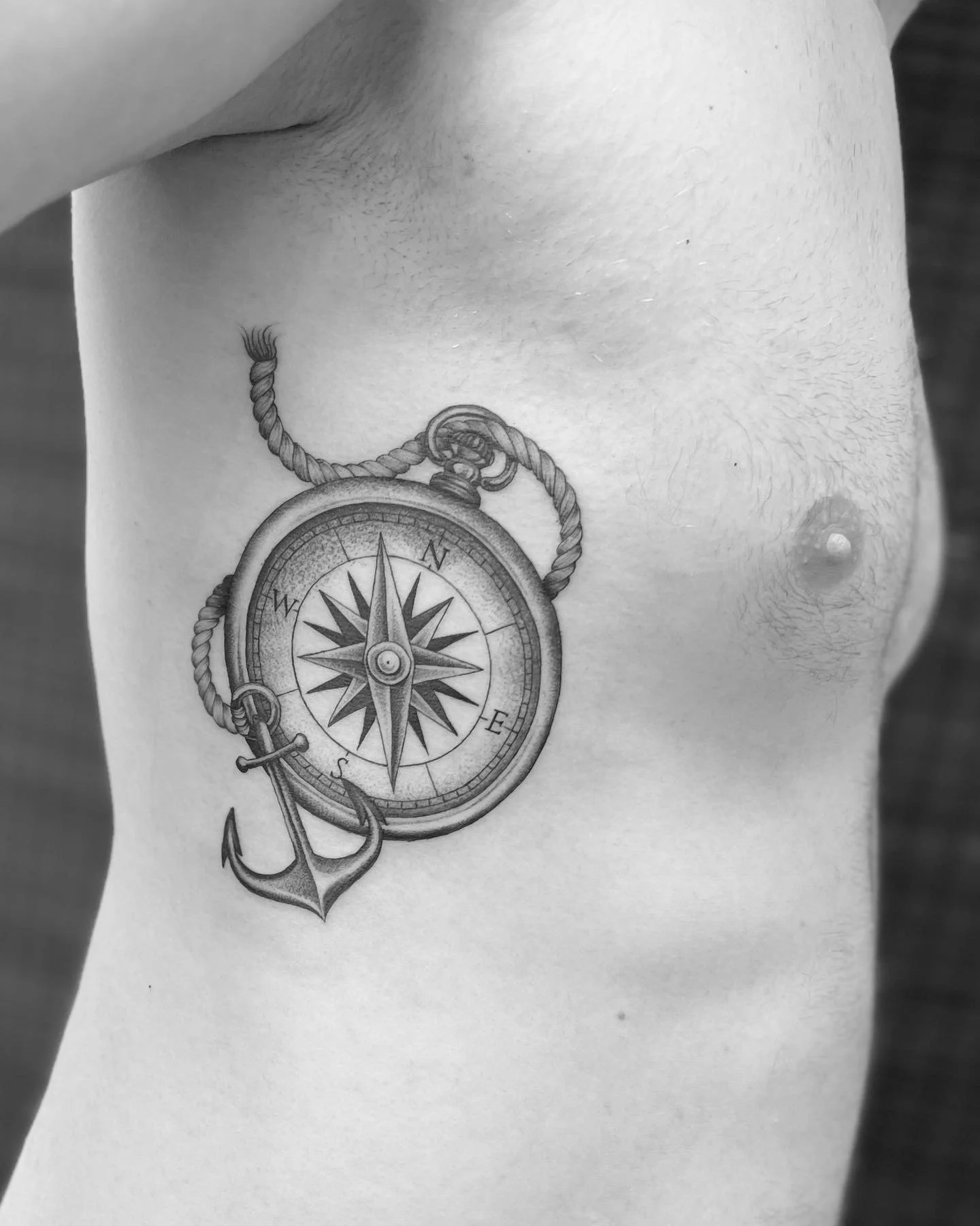 Compass anchor fineline black and grey tattoo