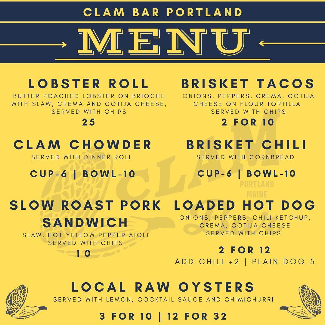 New fall menu for the chillier weather. Clam Chowder w/ bacon &amp; fennel // Brisket Chili - slow cooked w guajillo &amp; arbol chiles // hot lemon cider // lots of other goodies.
🍃
🍂
🍁
#clambar #clambarportland #eatmaine #maineeats #portlandmain