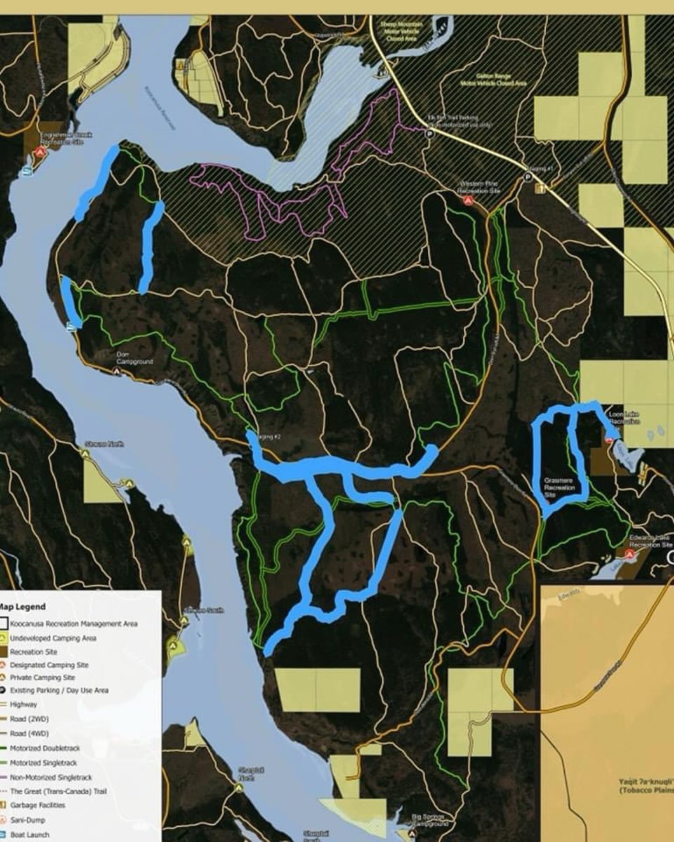 The Dorr/Grasmere Motorized trails, aka Koocanusa trails are mint right now, even dusty in places. The spring cleanup isn&rsquo;t complete, as we put our time on whoop repairs.
The map below shows what was cleaned up so far, in Blue. Always keep an e