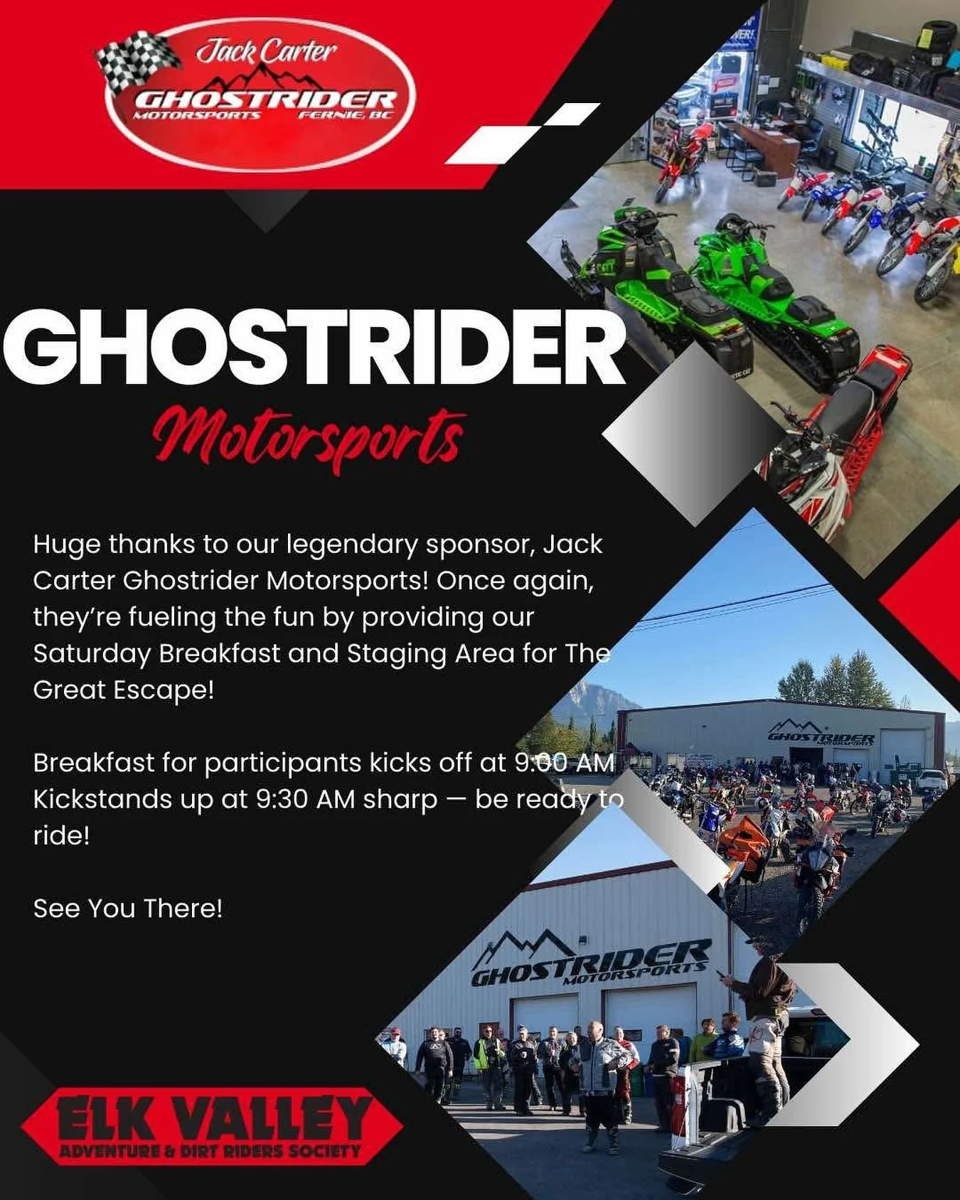 A big shout out to Jack Carter Ghostrider Motorsports for sponsoring the Great Escape Saturday breakfast meeting &amp; staging area. Participants will be offered coffee &amp; snacks &amp; a riders briefing before setting off for a days riding at 09:3