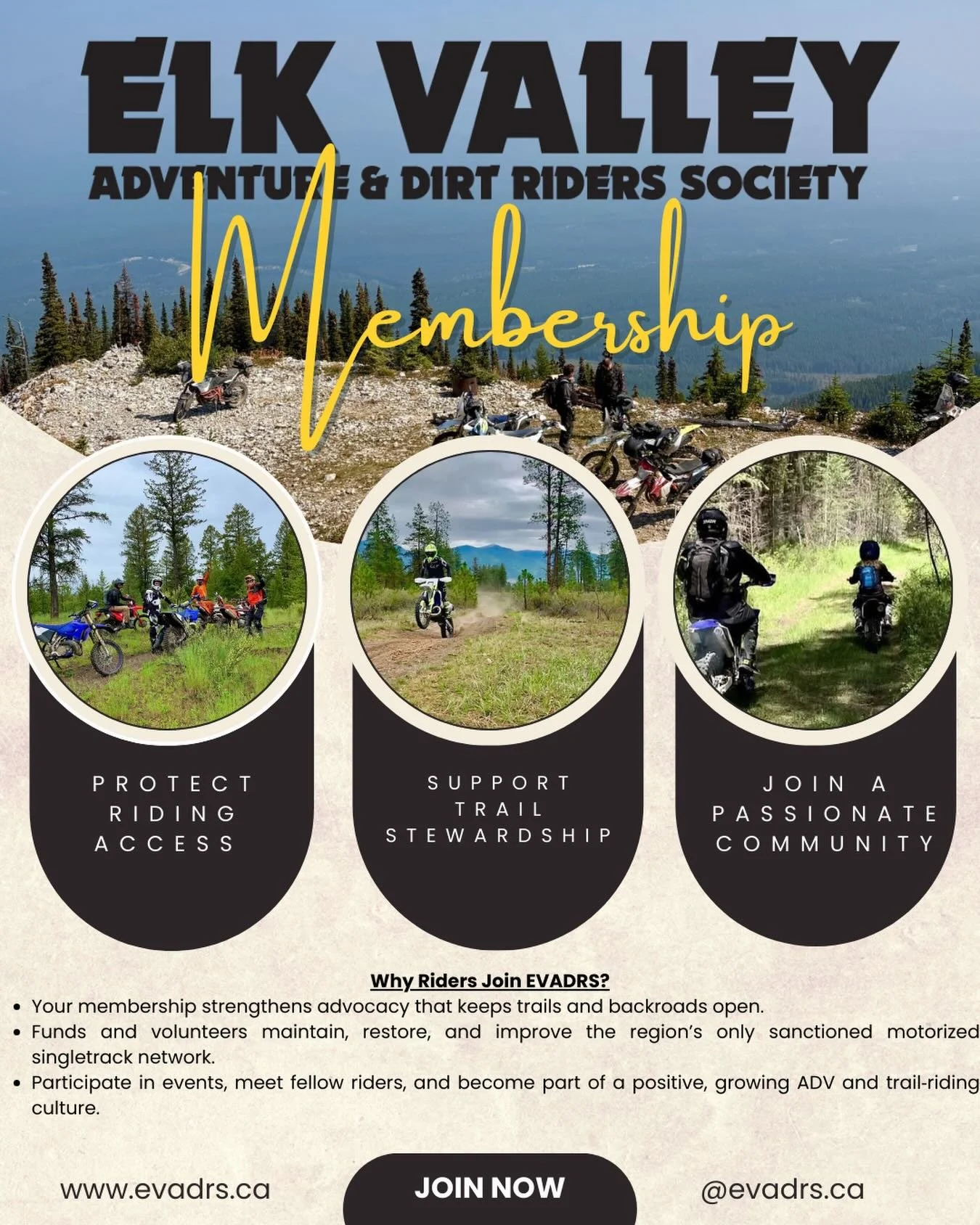 Top 3 Reasons to Join EVADRS:

1. You Directly Help Protect &amp; Keep Riding Areas Open.
EVADRS plays a critical land‑advocacy role&nbsp;in the Elk Valley, working with RSTBC, WLRS, BC Forests, NCC, TC Energy, and others to keep trails and backroads