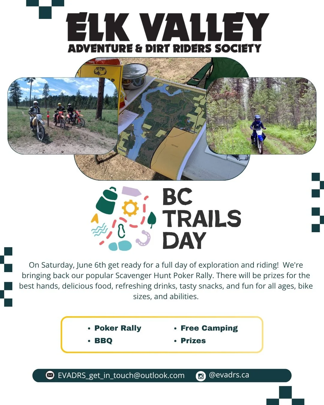 June 6th is @orcbc.ca BC Trails Day! Come on down to hang with the @evadrs.ca crew at Western Pines Rec Site at the Dorr/Grasmere Motorized Trail Network!
Signup for the Scavenger Poker Hunt and win Prizes! Chef Stephan will have the BBQ fired up! Th
