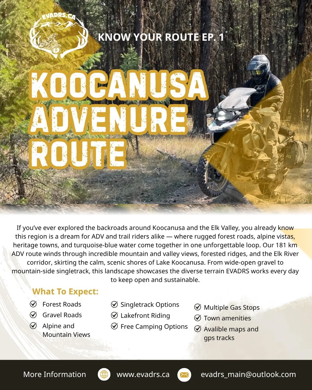 Know Your Route &ndash; Ep. 1: Koocanusa Adventure Route.

Starting from the @ferniefoxhotel or @ghostridermotorsports, make your way out of Fernie via Cokato Road. The road soon turns to dirt and will take you all the way to Elko. If it&rsquo;s a ho