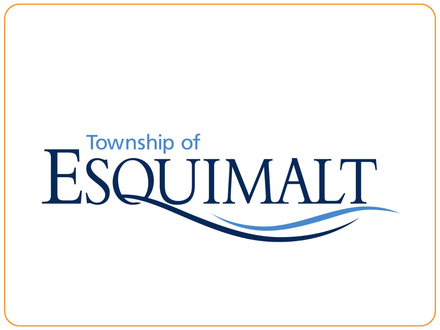 Logo of the Township of Esquimalt, with the text styled in blue and a wave graphic underlining the name, on a white background with an orange border.