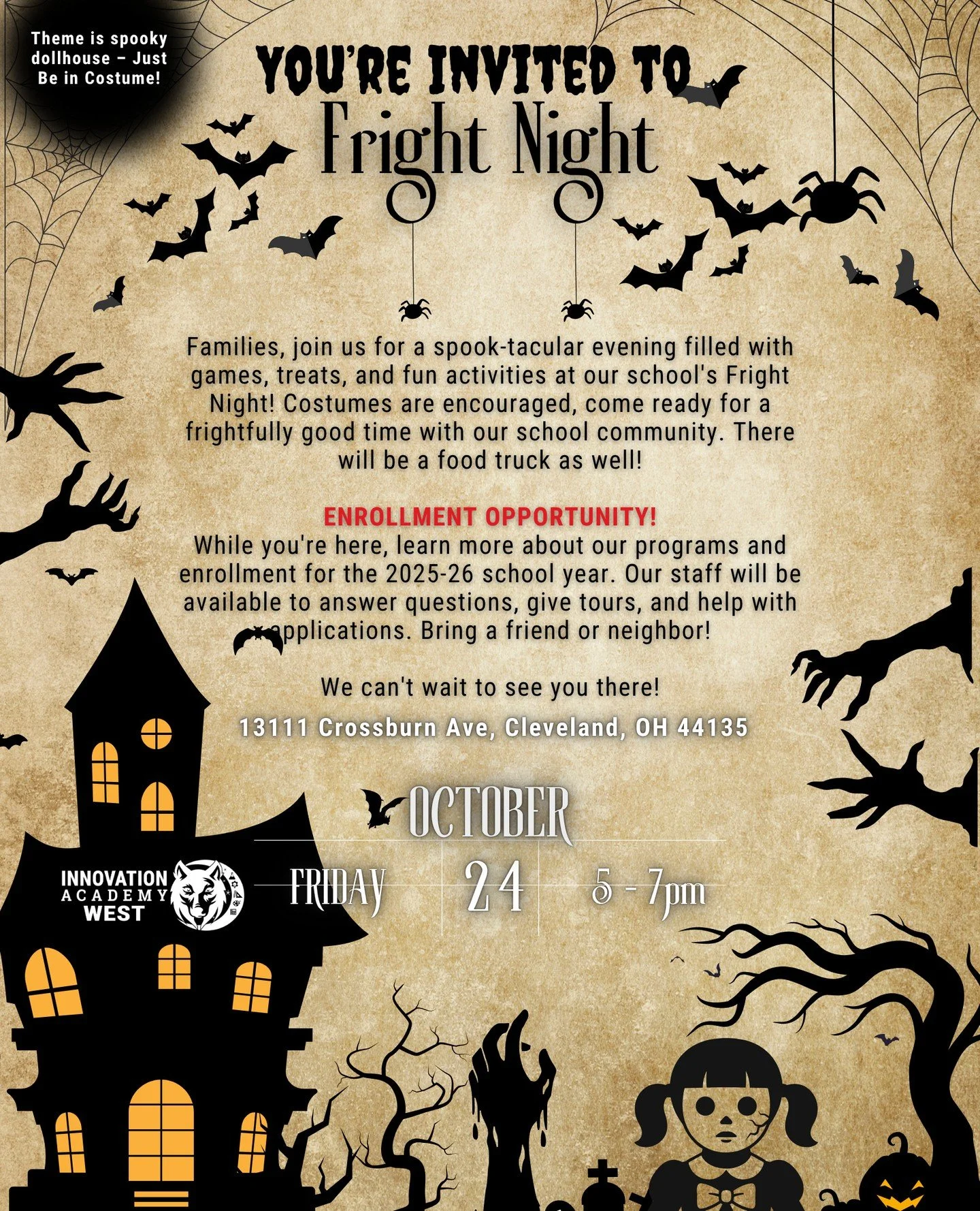 🎃👻 Fright Night at IAW! 👻🎃⁠
You&rsquo;re invited to join us on Friday, October 24th from 5&ndash;7 PM at 13111 Crossburn Ave, Cleveland, OH 44135 for a spook-tacular evening!⁠
⁠
✨ Theme: Spooky Dollhouse &ndash; Come dressed in costume!⁠
🕹️ Game