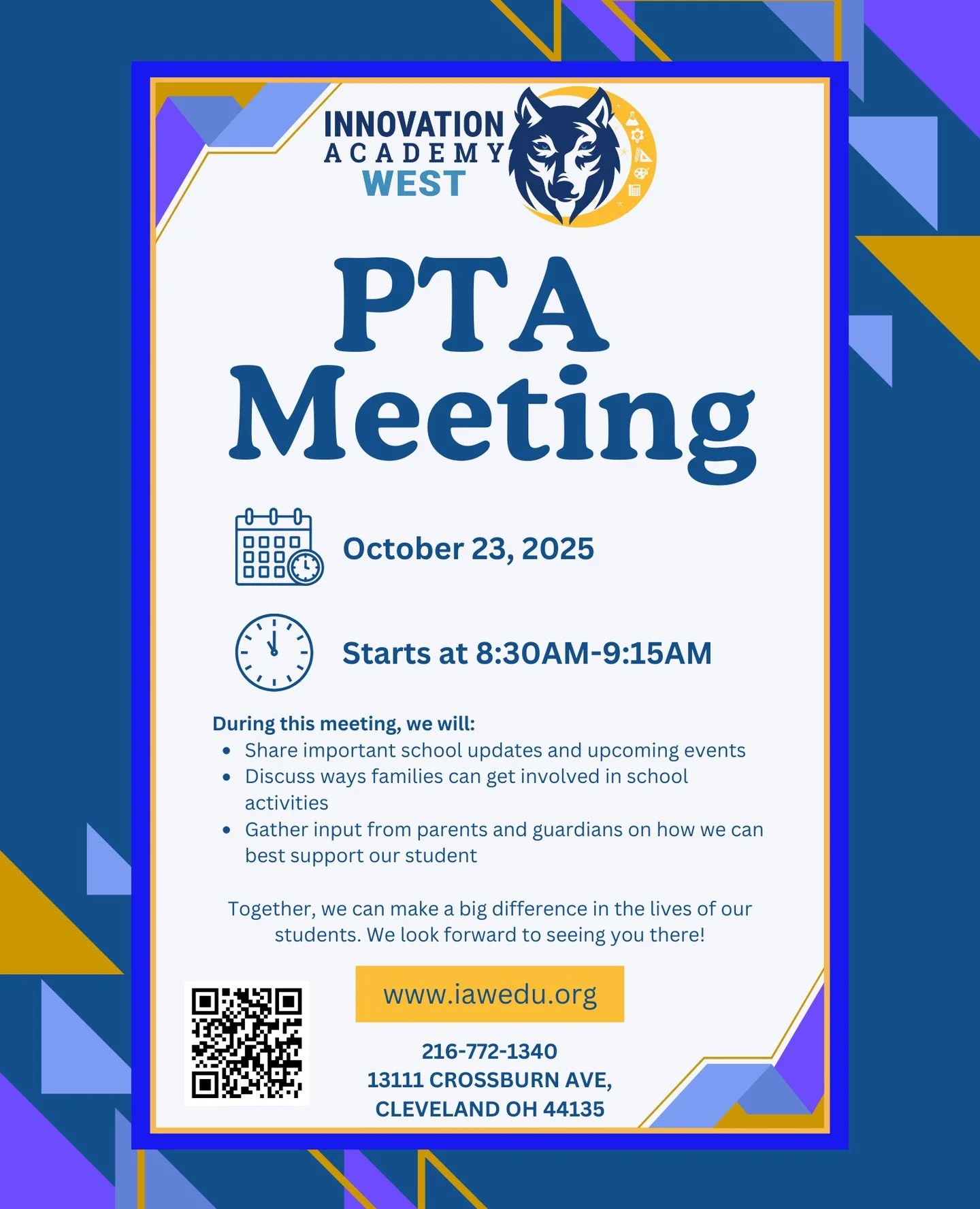 📣 PTA Meeting &ndash; You&rsquo;re Invited! 📣⁠
Join us on Thursday, October 23, 2025 from 8:30&ndash;9:15 AM at Innovation Academy West.⁠
⁠
During this meeting, we will:⁠
✅ Share important school updates and upcoming events⁠
✅ Discuss ways families