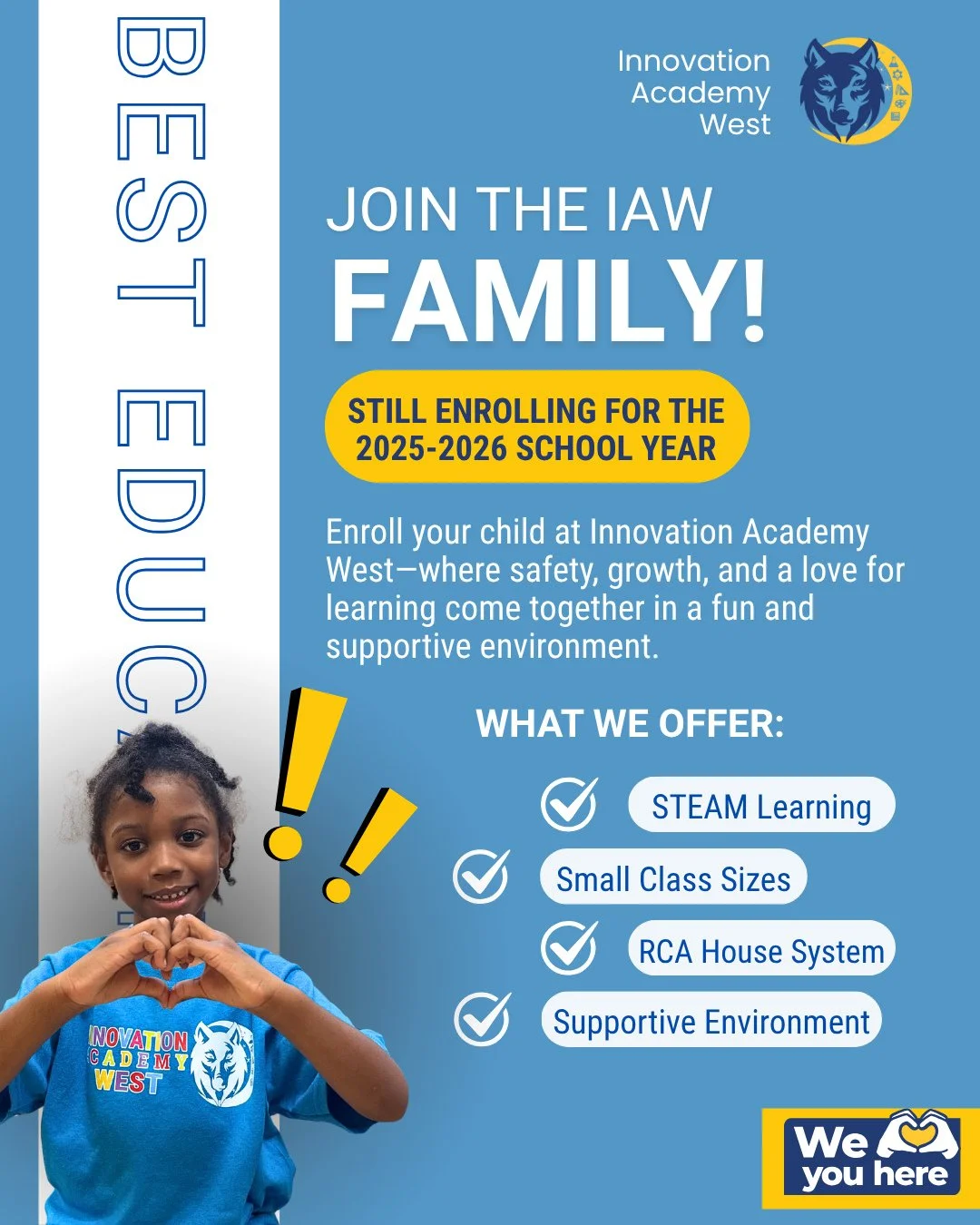 Join the IAW Family! 💙 Innovation Academy West is still enrolling for the 2025&ndash;2026 school year! Experience a supportive, engaging environment where students grow through STEAM learning, small class sizes, and our RCA House System. #WeHeartIAW