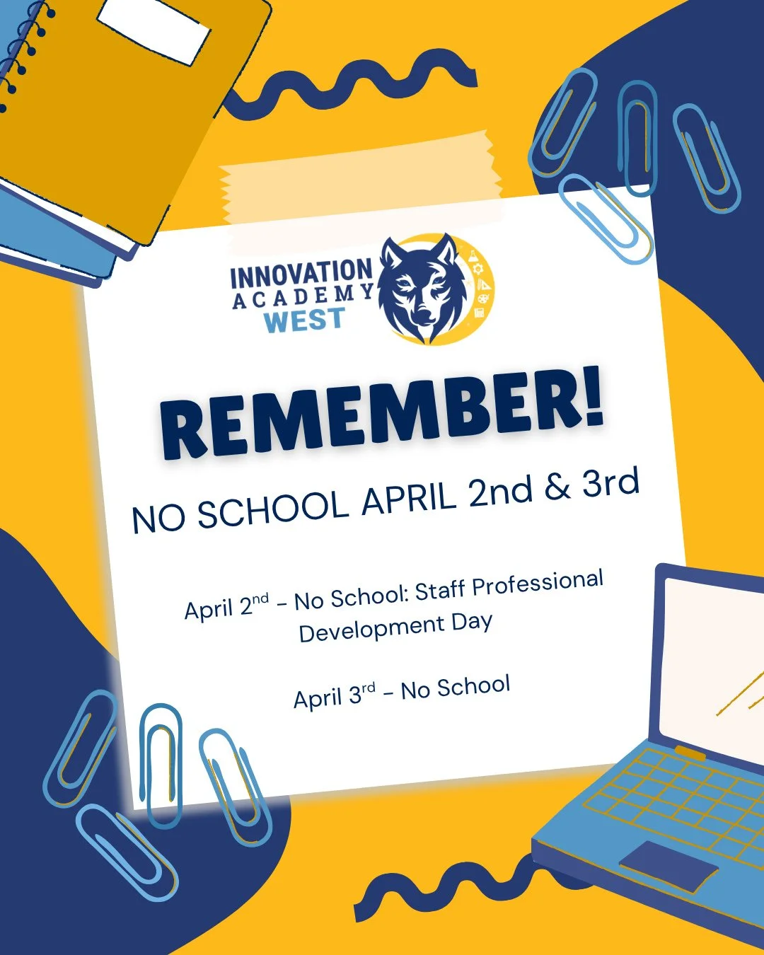 A quick break is coming! ✨⁠
⁠
No school April 2nd &amp; 3rd⁠
April 2nd: Our teachers are growing during PD Day⁠
April 3rd: No School⁠
⁠
Remember&mdash;we&rsquo;ll be back and ready to learn Monday April 6th!