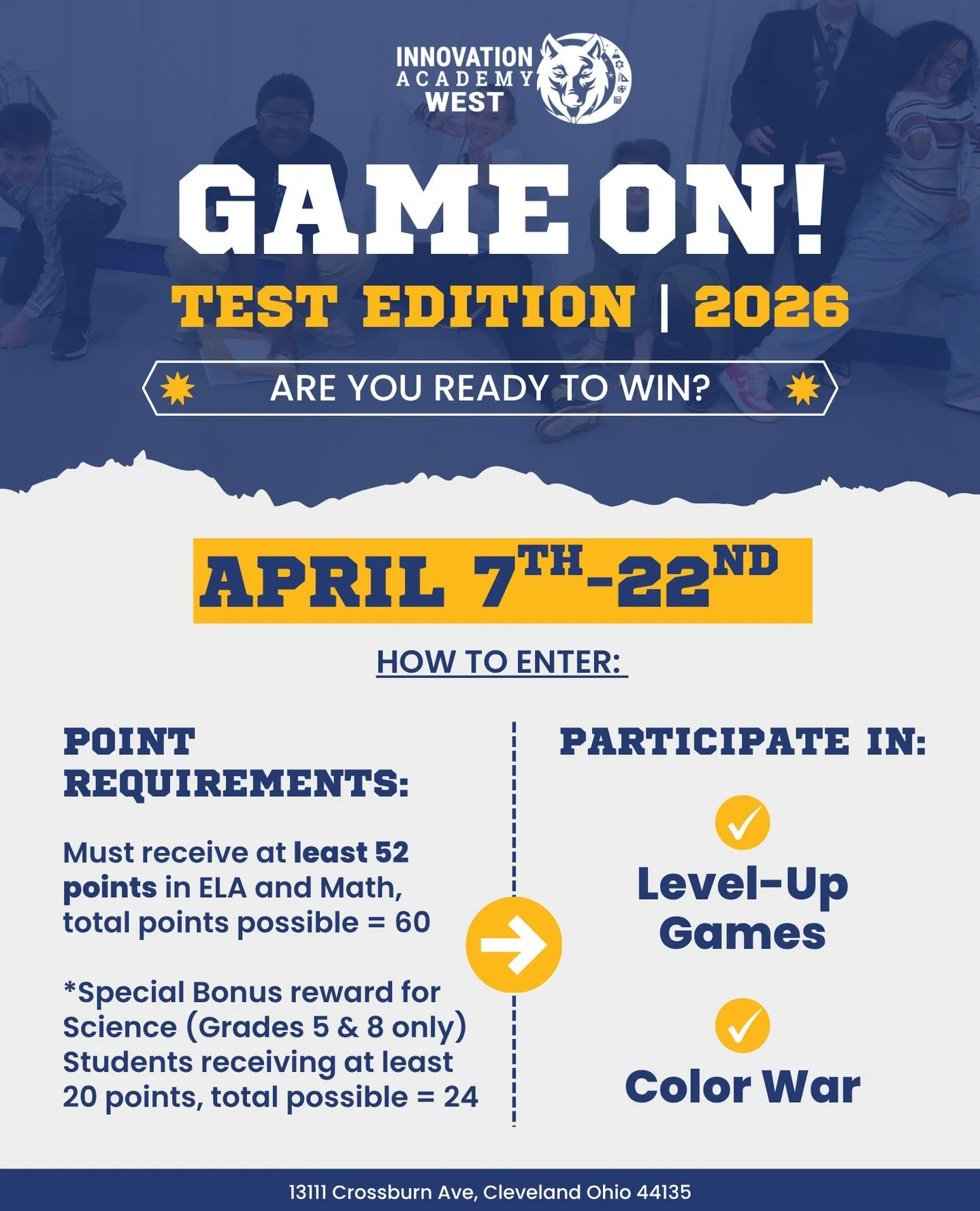 GAME ON, IAW! 🎮🔥⁠
⁠
Our Test Edition competition is here, and it&rsquo;s time to level up! From April 7th&ndash;22nd, students can compete, earn points, and show what they&rsquo;ve got in our Level-Up Games and Color War 💙💛⁠
⁠
Stay focused, give 