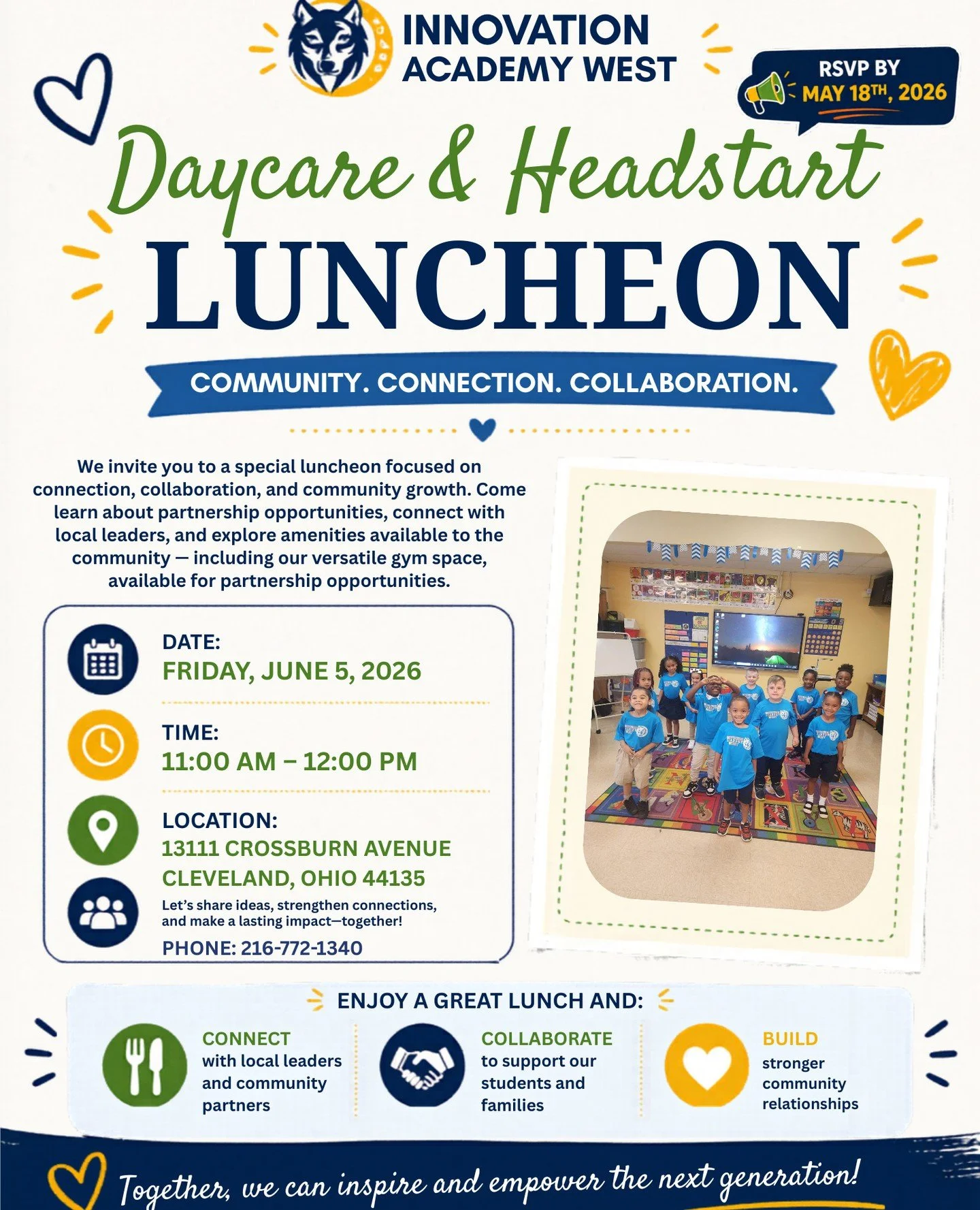 Community. Connection. Collaboration. 💙💚⁠
Innovation Academy West invites local daycare and Head Start partners to join us for a special luncheon focused on building meaningful relationships, supporting families, and strengthening our community tog