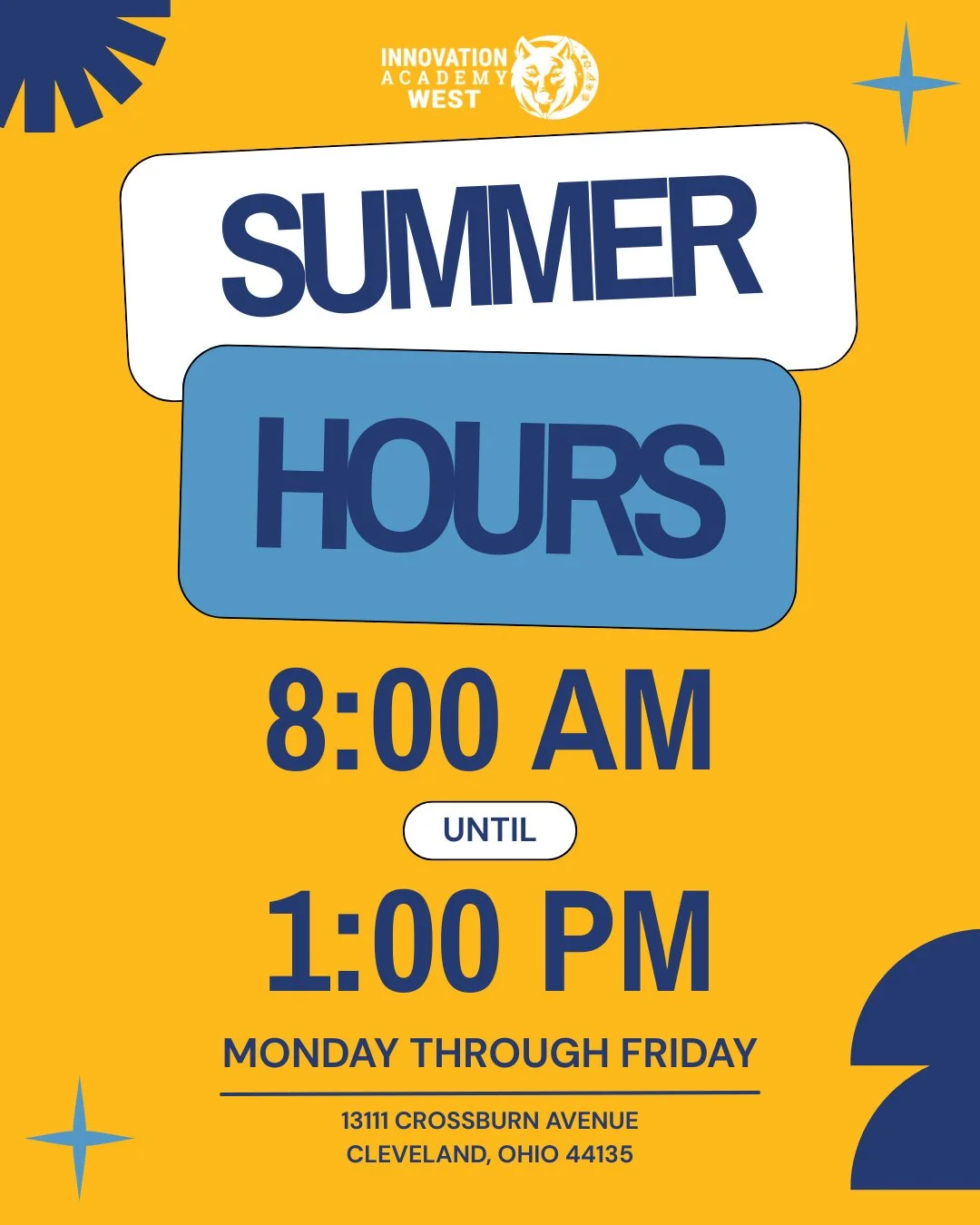 🐺☀️ Summer Hours at Innovation Academy West!⁠
⁠
Our team is here all summer long to support families with enrollment, records requests, and any questions you may have.⁠
⁠
🕗 Monday&ndash;Friday⁠
📍 8:00 AM &ndash; 1:00 PM⁠
🏫 13111 Crossburn Avenue,