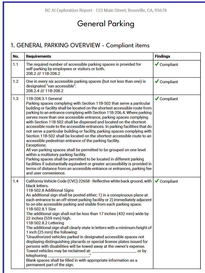 A report on general parking requirements and findings, including accessibility, signage, and compliance details.