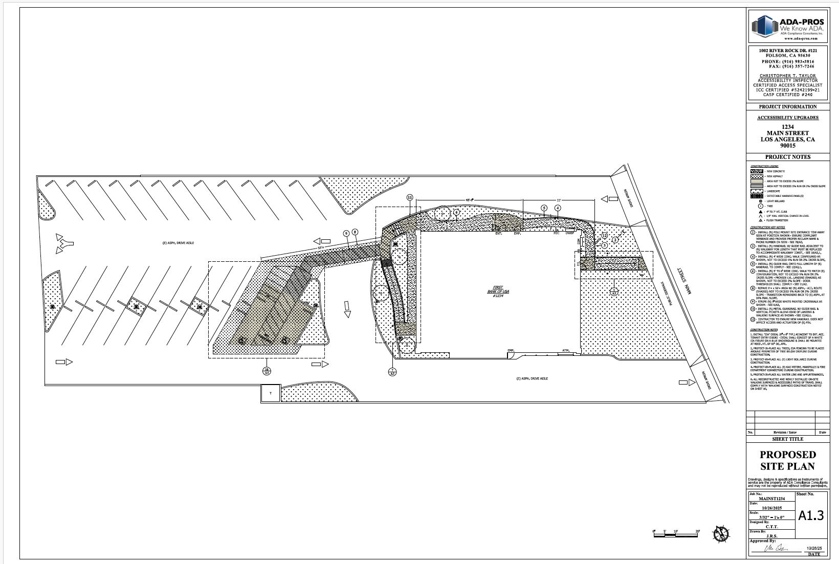 Proposed site plan for a development project. The plan shows parking areas, drive aisles, landscaped areas, and building layout with various notes and symbols for construction details.