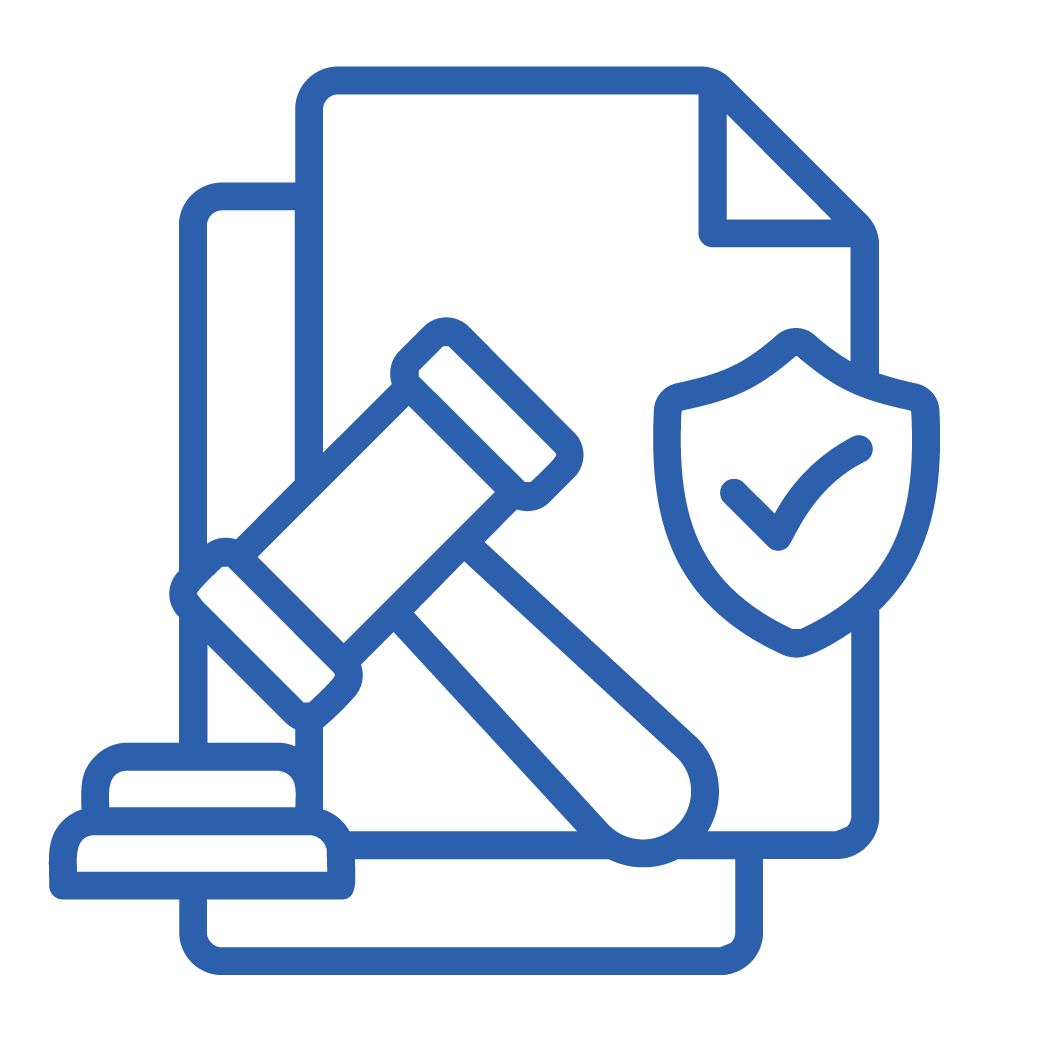 Outline icon of a document with a shield and checkmark, a gavel, and a magnifying glass, representing legal or security review.