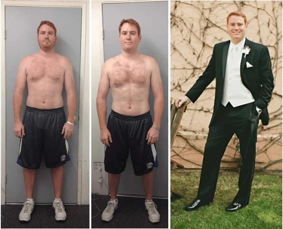 Three before and after pictures of a man. He is wearing black shorts in the first two pictures and a black tuxedo in the third picture.