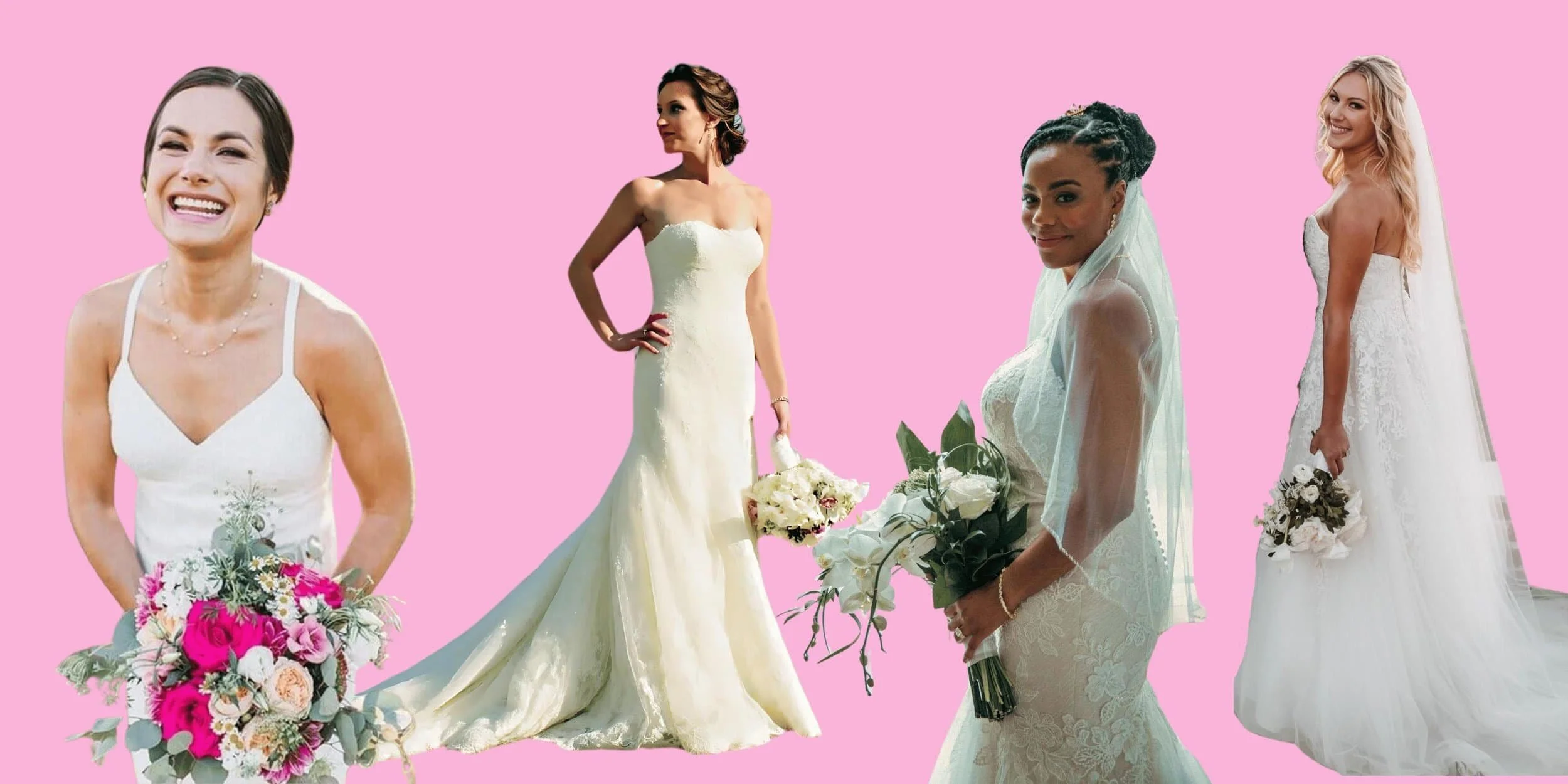 Four brides in different white wedding dresses stand against a solid pink background, each holding a bouquet and showcasing unique gown styles and bridal looks.