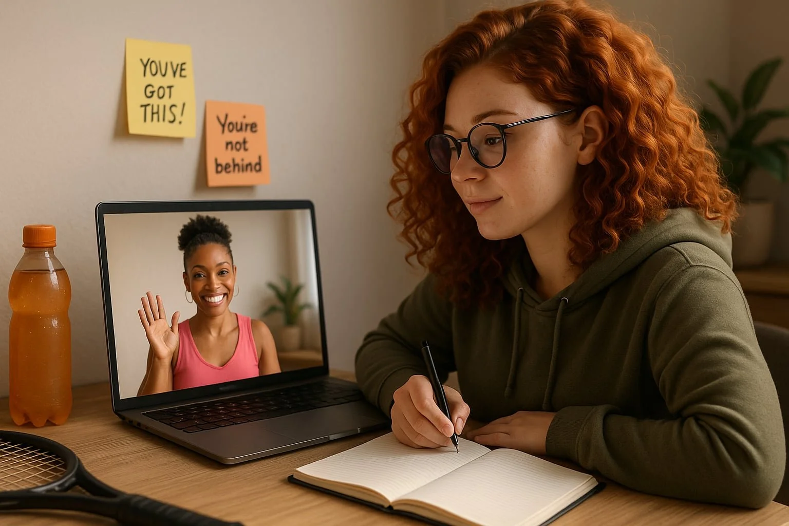 Page, a red-haired bride, writes in a journal at her desk while her fitness coach Tammy—an African-American woman waving in a pink tank top—appears on a laptop video call, with motivational sticky notes on the wall behind.”