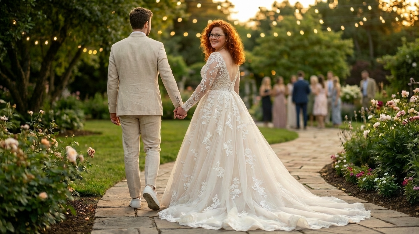 A romantic wedding scene in a garden