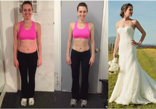 Three before and after pictures of a woman. She is wearing a hot pink tank top and  black leggings in the first two pictures and a white wedding dress in the third picture.