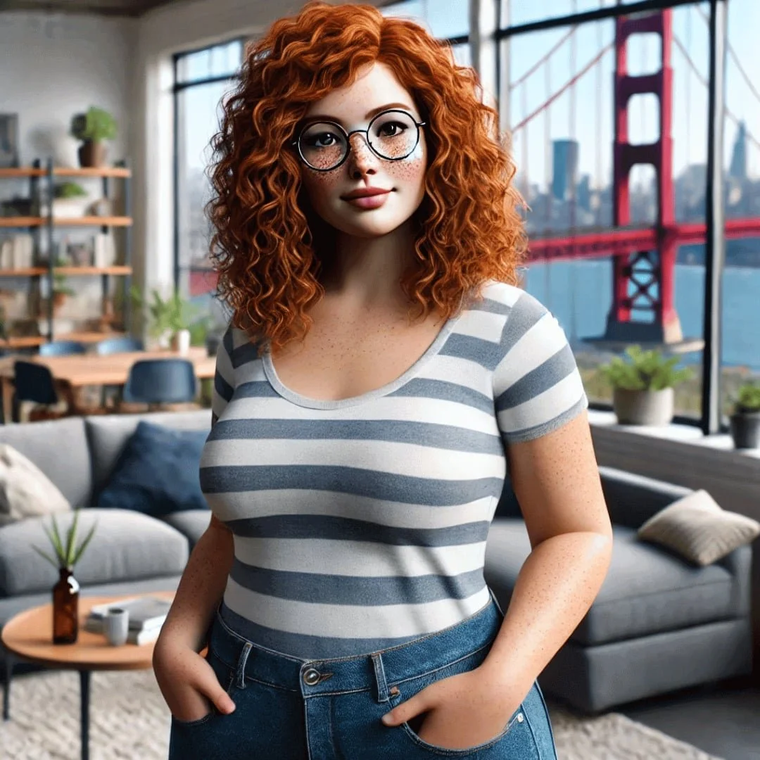 image of red-headed woman wearing jeans and striped shirt standing in her san francisco apartment